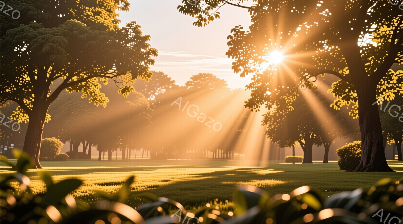 広大な芝生公園が夕日に照らされ、木々の間から強い光線が差し込んでいる。遠景には建物がぼんやりと見え、穏やかで平和な雰囲気を醸し出している。全体的に暖色系の色調で、落ち着いた静寂が感じられる。
