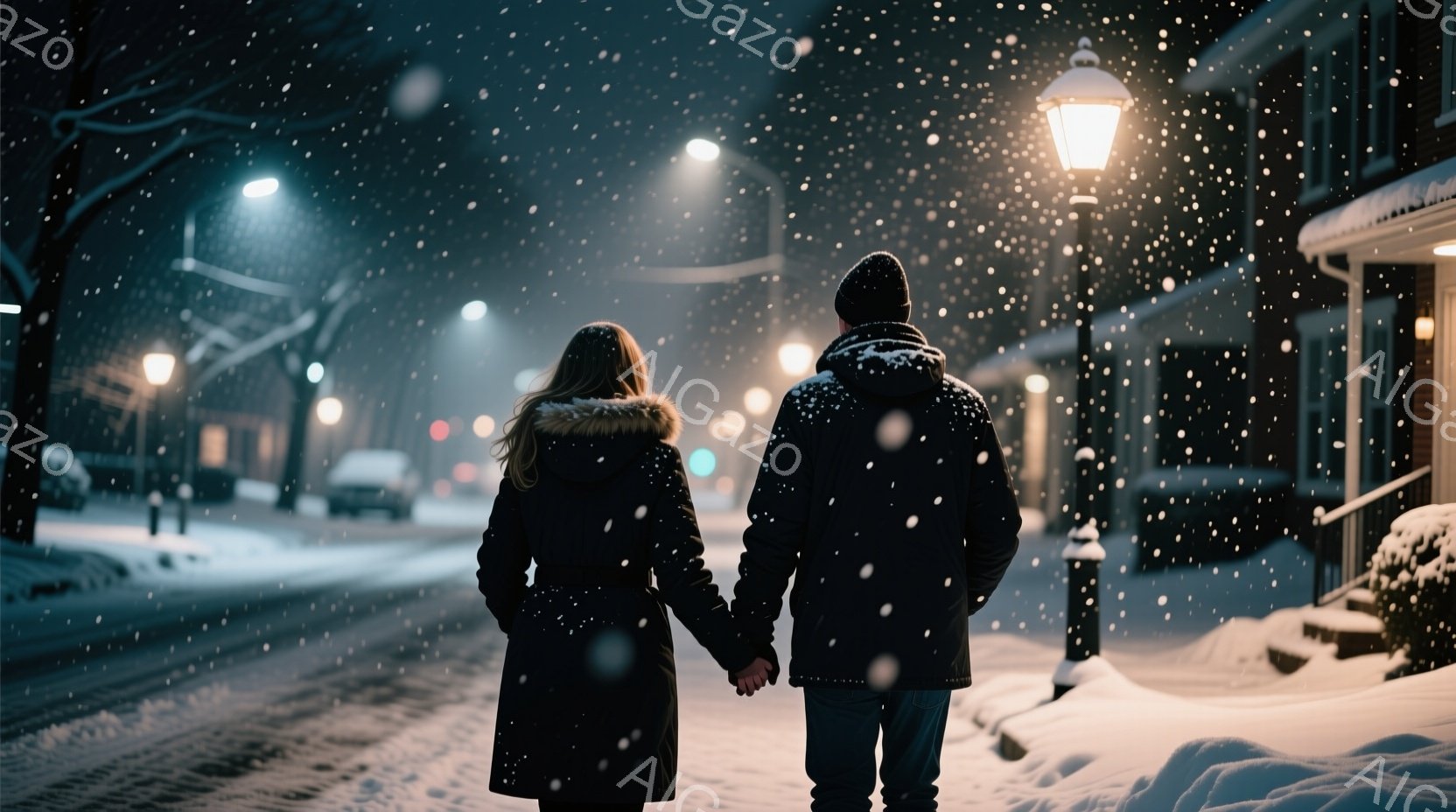 雪が降る夜の街並みを、コートを着た男女が手をつないで歩いている。女性はロングコートで、男性はダークカラーのジャケットとジーンズを着用しており、どちらも後ろ姿のため表情は読み取れない。背景には、温かい光 - AI生成フリー素材