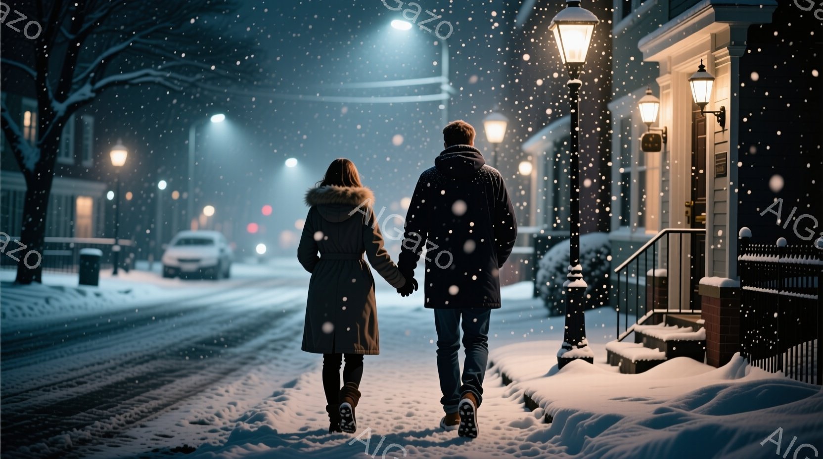 雪が降り積もる夜の住宅街を、後ろ姿の男女が手をつないで歩いている。女性は明るい色のコート、男性は濃い色のコートを着ており、共に冬の装いである。背景には、雪で覆われた建物や街灯がぼんやりと見え、温かくロマンチックな雰囲気を醸し出している。