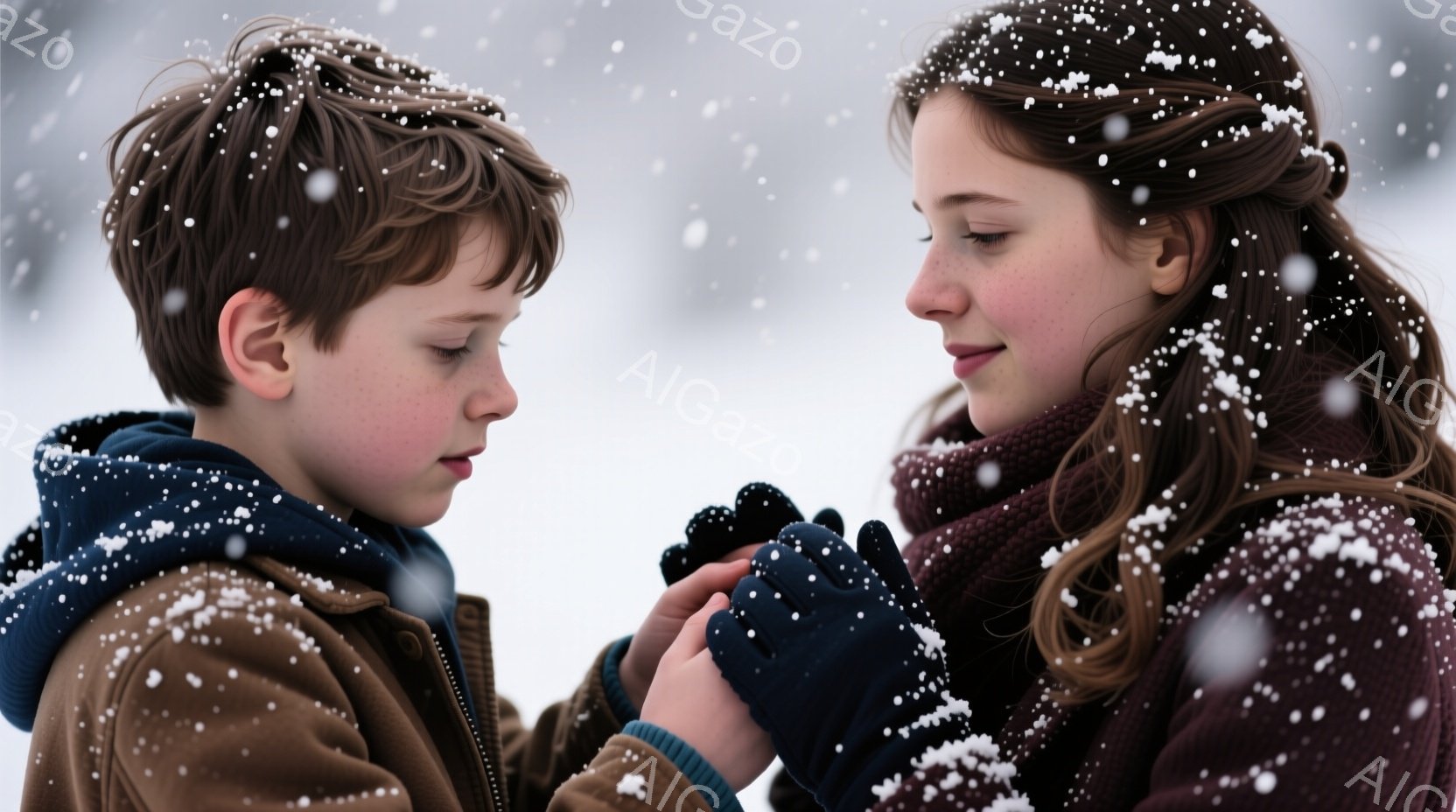 雪が舞う中で、少年と少女が寄り添って雪団子を作っています。少年は茶色のジャケットと紺色のセーターを着ており、少女は濃い赤紫色のコートとスカーフを巻いています。二人は雪に集中した表情で、穏やかで温かい雰囲気が漂っています。