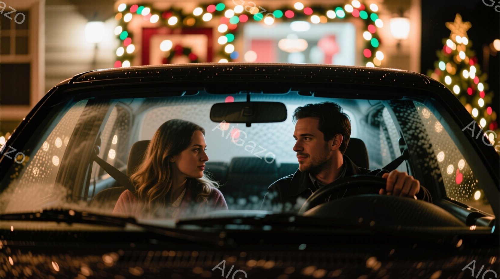 運転席と助手席には、それぞれ男性と女性が座っており、男性は運転に集中し、女性は彼を見つめている。背景にはクリスマスイルミネーションで飾られた家々が見え、暖かくロマンチックな雰囲気を醸し出している。車内は暗く、外部の光が反射しており、親密な空間が演出されている。