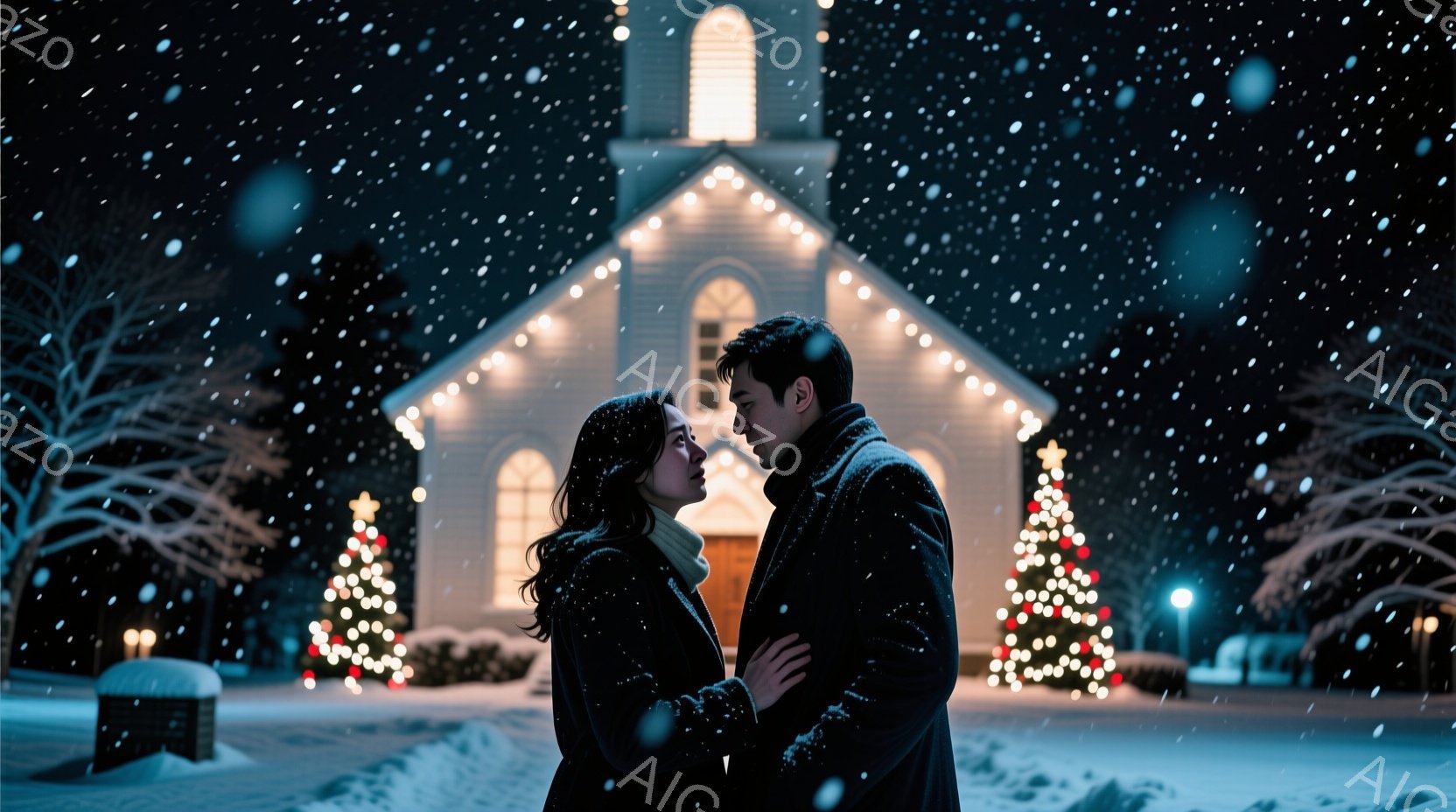 雪が降り積もる中、教会を背景に寄り添う男女が描かれている。女性は長い黒髪で、白いマフラーを巻き、男性は黒いコートを着ており、互いを見つめ合い、優しい表情を浮かべている。教会の周りにはクリスマスツリーが - AI生成フリー素材