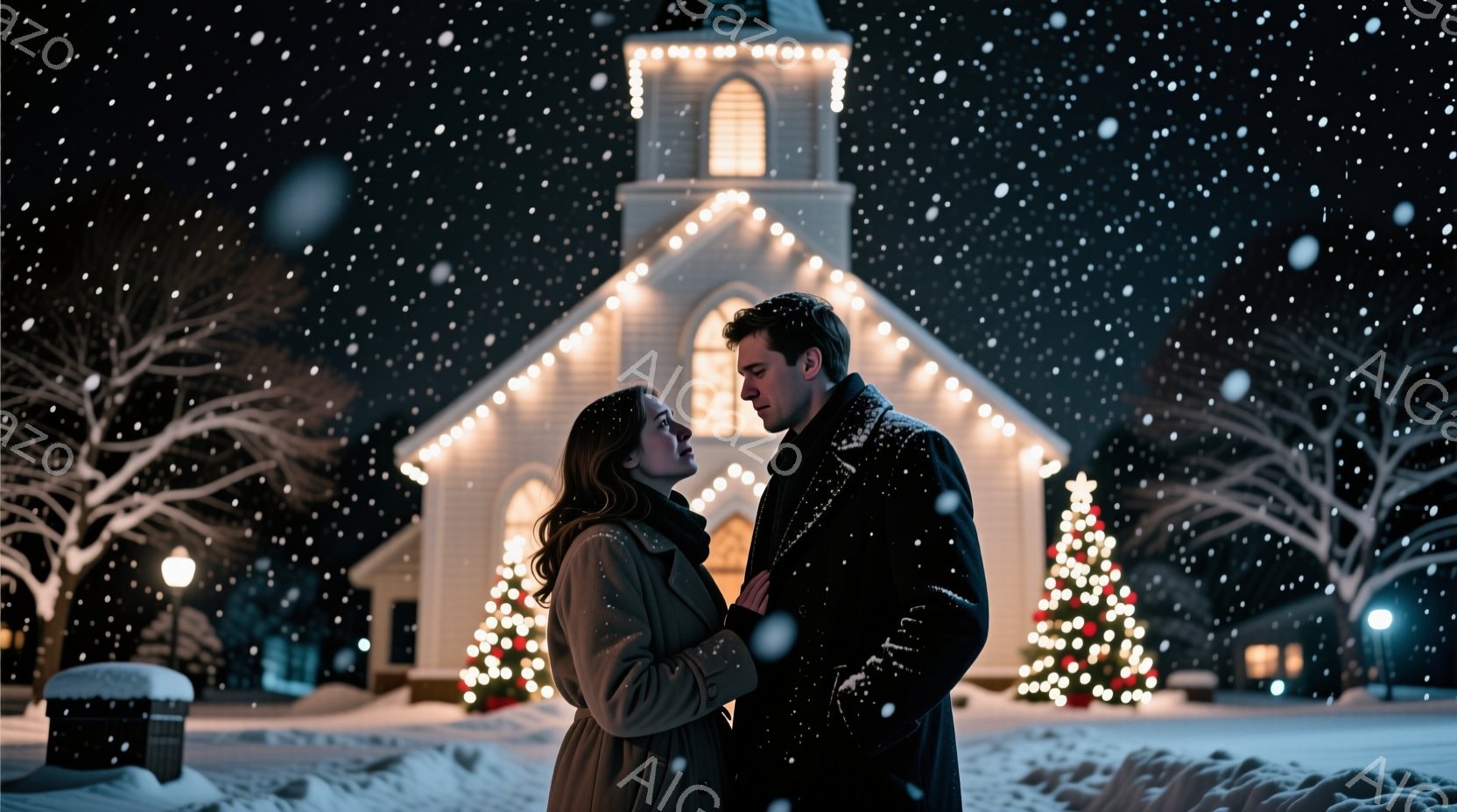 雪が舞う夜、教会を背景に若い男女が寄り添っている。女性は長い茶色の髪で、ベージュのコートを着ており、男性は黒いコートを着て、互いを見つめ合っている。背景には、クリスマスツリーやイルミネーションで飾られた可愛らしい教会があり、暖かくロマンチックな雰囲気が漂っている。