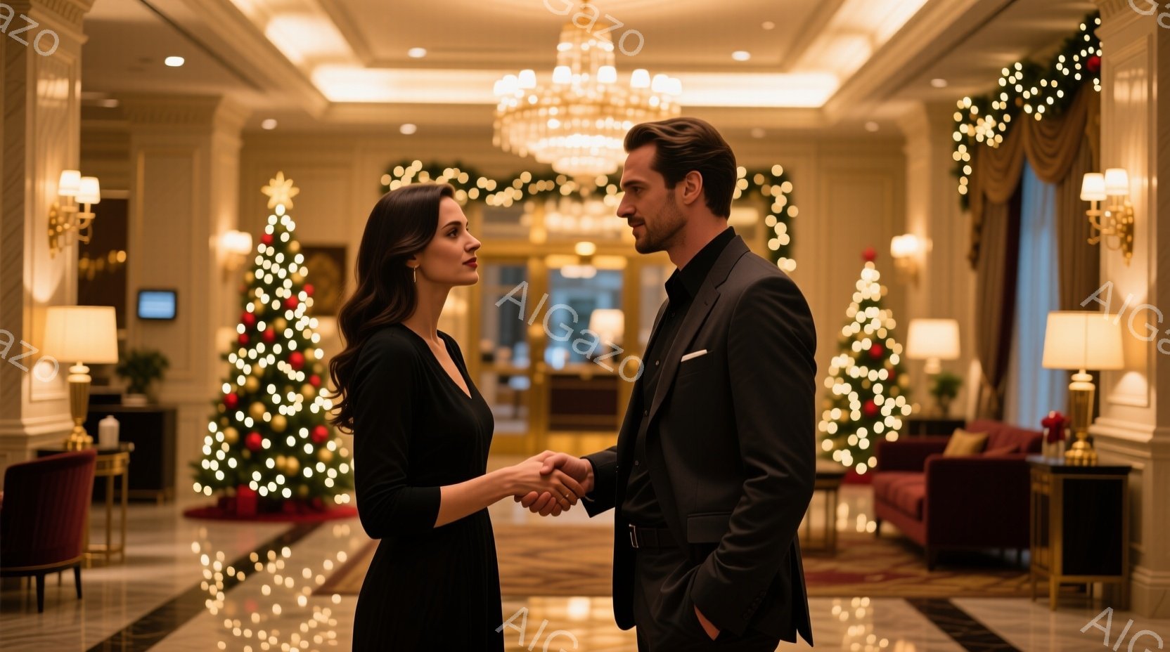 華やかなホテイルobbyで、一対の男女が握手をしています。女性は黒いドレスを着ており、髪は後ろでまとめられています。男性は黒いスーツに白いハンカチを胸元に挿し、少し微笑んでいます。背景にはクリスマスツリーが飾られ、ホテイルobby全体が暖かく、お祝いムードに包まれています。