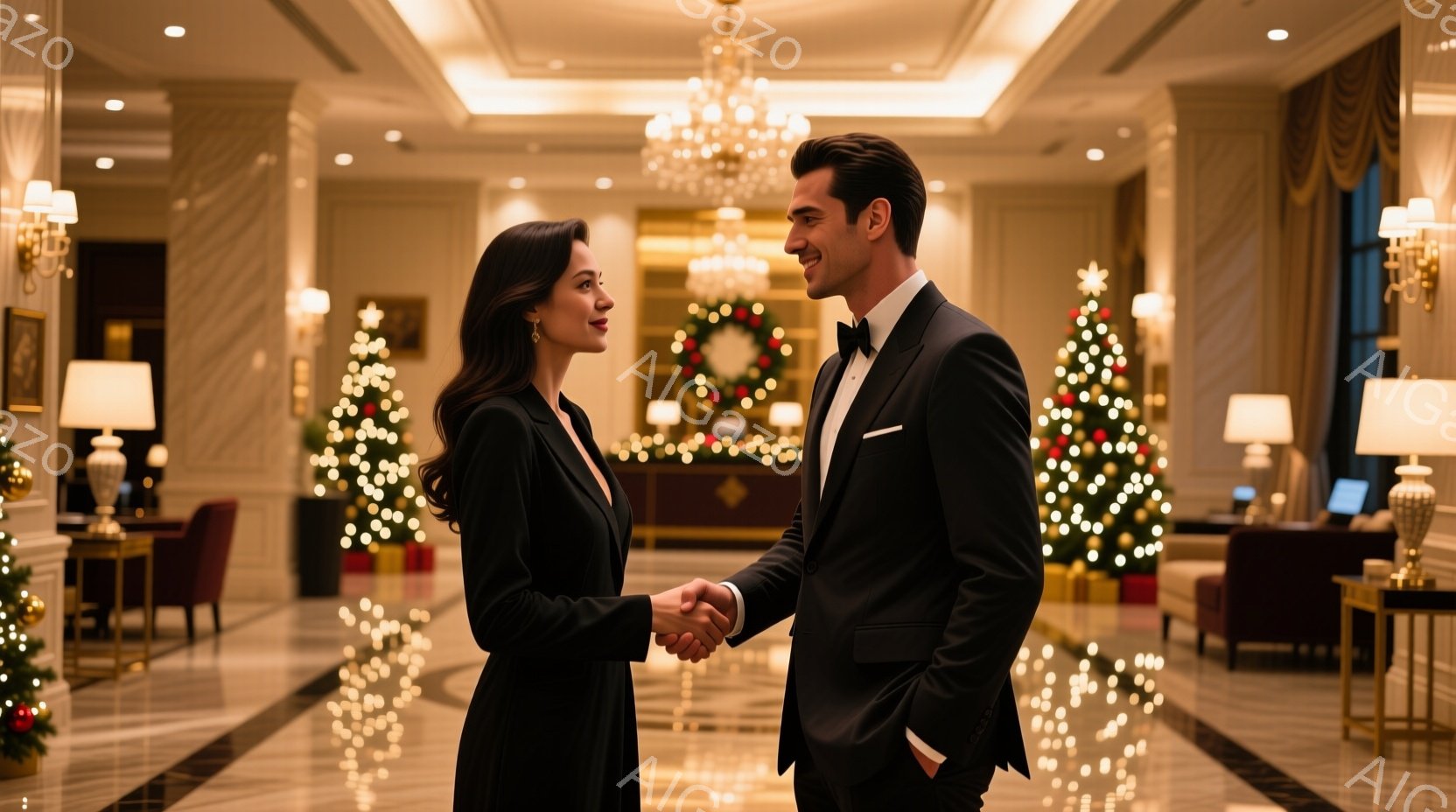 ホテルロビーで、黒いドレスを着た女性とタキシードを着た男性が握手をしています。二人は笑顔で、お互いに正面を向き、フォーマルな雰囲気が漂っています。背景にはクリスマスツリーや装飾が飾られ、華やかで暖かい雰囲気を作り出しています。