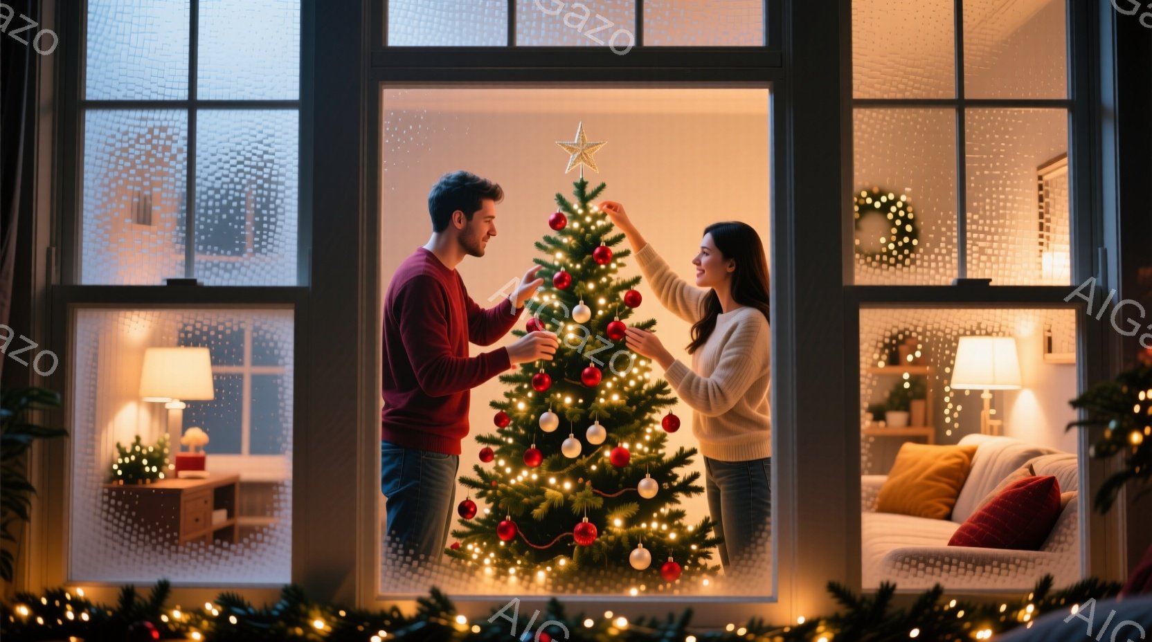 一対の男女がクリスマスツリーの飾り付けをしている様子が写っている。男性は赤いセーターを着て、女性は白いセーターとジーンズ姿で、ツリーの一番上に星を飾ろうとしている。背景には、暖炉の光と、装飾されたソファや家具が見え、温かく居心地の良いクリスマスの雰囲気が漂っている。