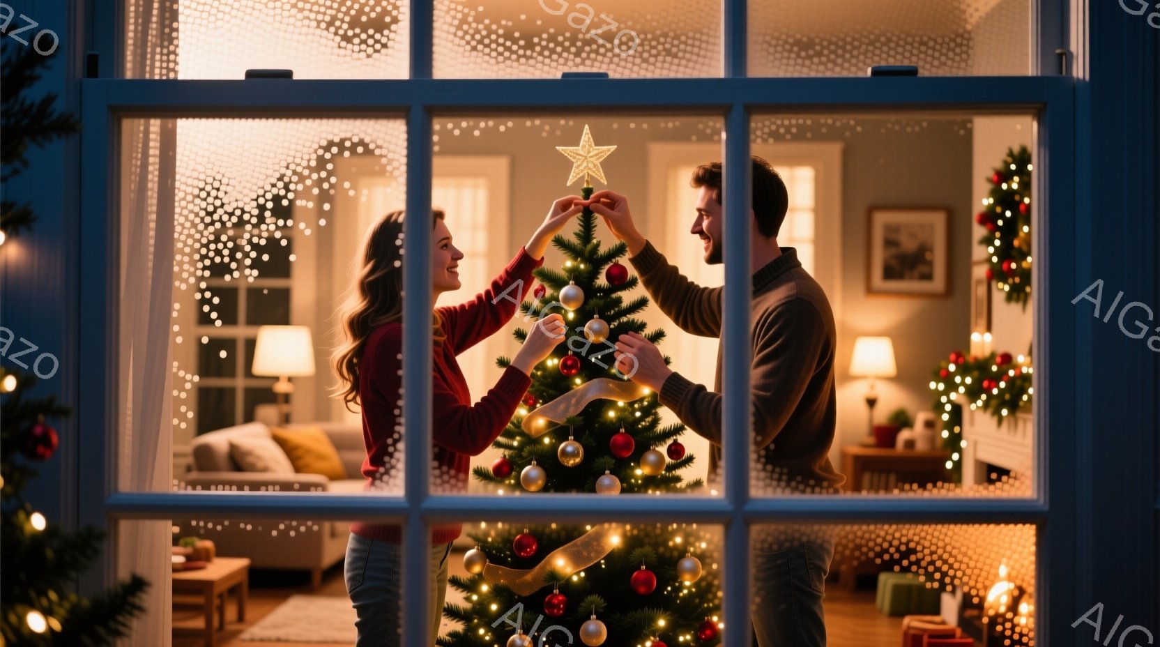 クリスマスツリーのてっぺんに星の飾りを飾る若いカップルが描かれています。女性はロングヘアで笑顔を見せ、男性はセーターを着てツリーを見上げています。背景には、暖色の照明に照らされたリビングルームがあり、ホリデーシーズンらしい温かく幸せな雰囲気が漂っています。