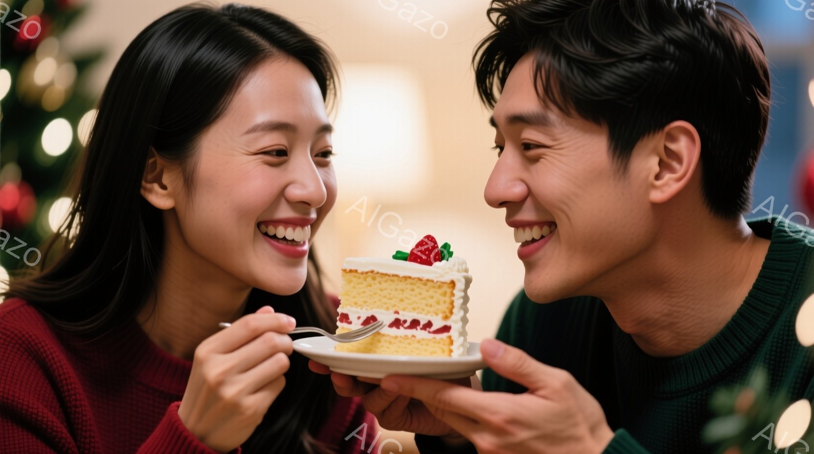 若い男女が、イチゴが飾られたケーキを分け合って微笑んでいます。女性は赤いセーターを着て髪を後ろに流し、男性は緑色のセーターを着て、片方の手でケーキの皿を持っています。背景にはぼやけたクリスマスツリーの - AI生成フリー素材