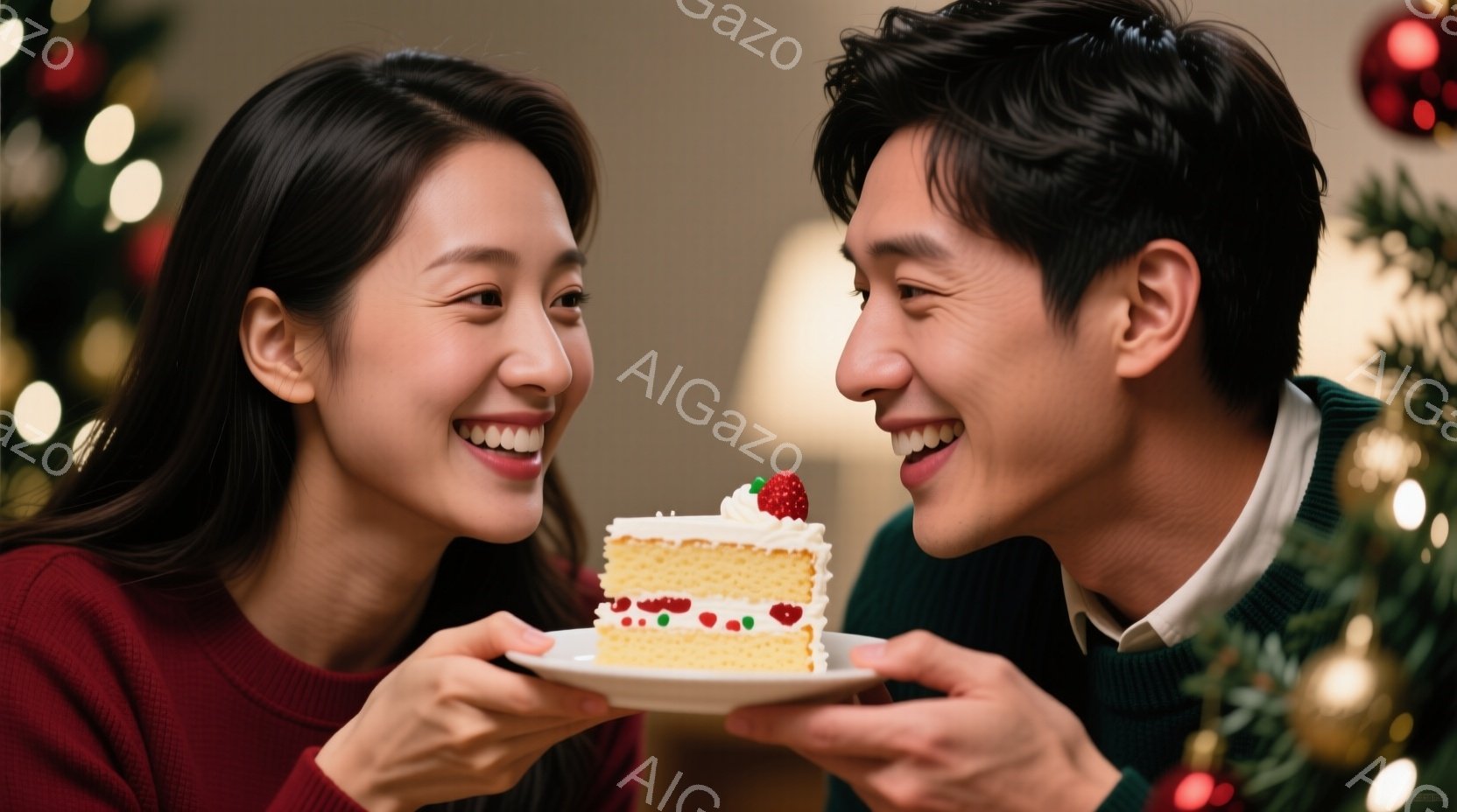 笑顔の若い男女が、クリームとイチゴの乗った小さなケーキを共有しようとしています。女性は赤いセーターを着ており、長くストレートの黒髪です。男性は白いシャツに緑色のセーターを着ており、背景にはクリスマスツリーの飾りが見え、温かく幸せな雰囲気が漂っています。