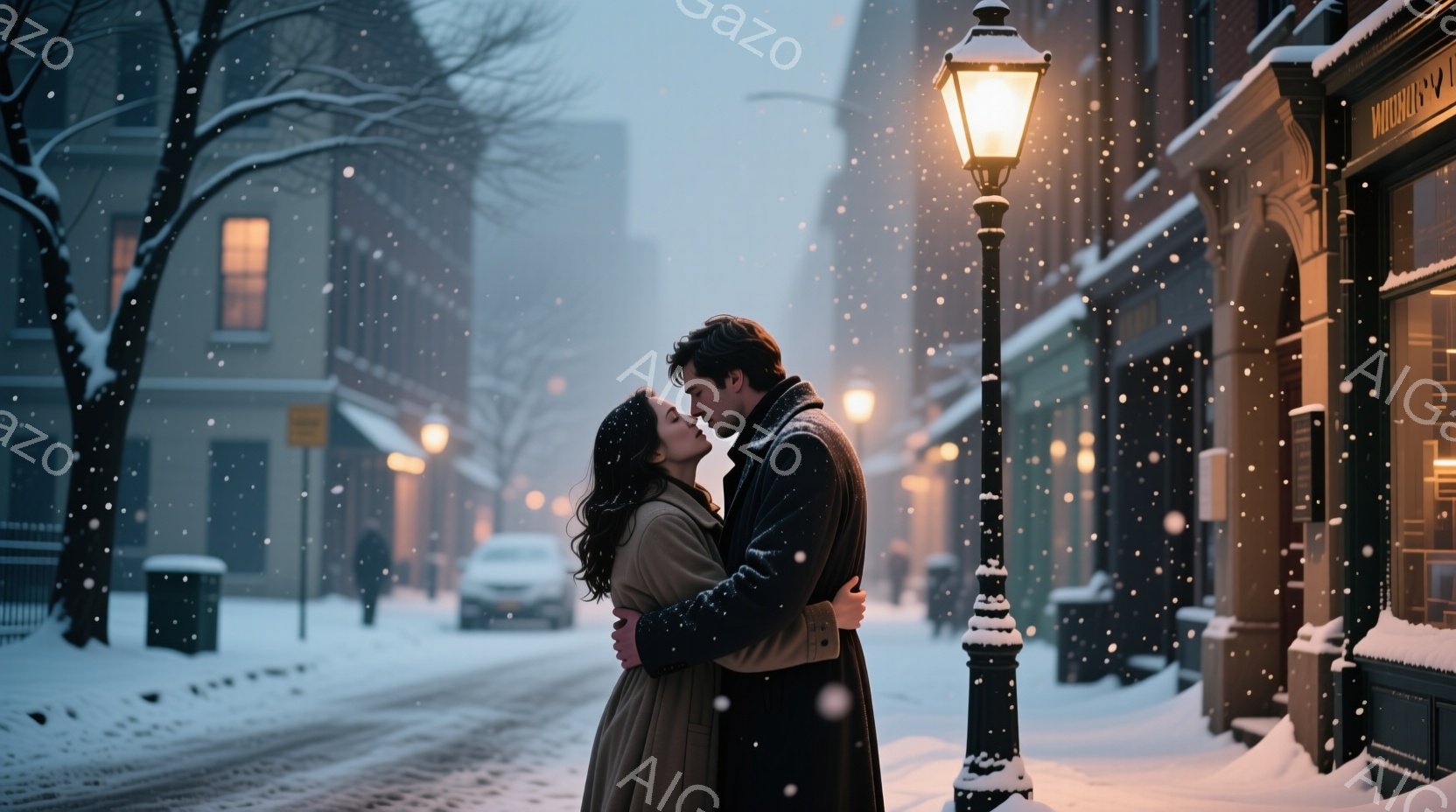雪が降る街中で、男女が抱き合ってキスをしています。女性は茶色の巻き髪で、赤いコートを着ており、男性は黒いコートを着ています。背景にはレンガ造りの建物と街灯があり、冬のロマンチックな雰囲気が漂っています。