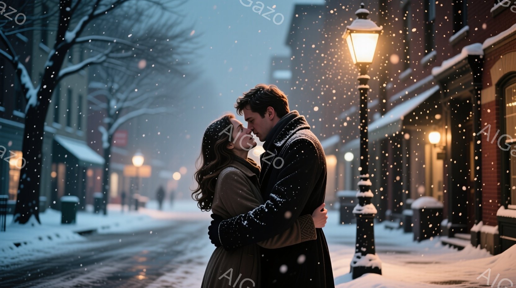 雪が降る街中で、若い男女が抱き合ってキスをしようとしている。女性は長い巻き毛で、ベージュのコートを着ており、男性は黒いコートを着て抱きしめている。背景には、雪で覆われた建物と灯りが灯った街灯があり、ロ - AI生成フリー素材