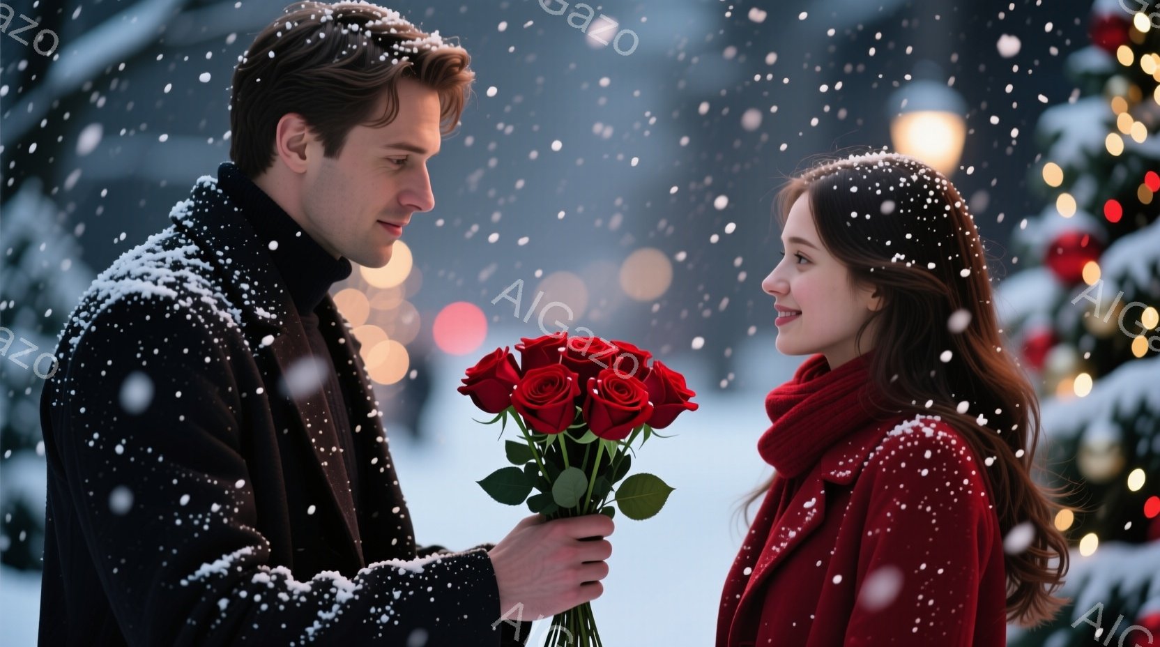 雪が舞う中で、男性が女性に赤いバラの花束を差し出している場面だ。男性は黒いコートを着ており、女性は赤いコートとスカーフで暖かく身を包み、お互いに微笑み合っている。背景にはぼやけた街灯と、光るクリスマスツリーが見え、ロマンチックで暖かい雰囲気が漂っている。