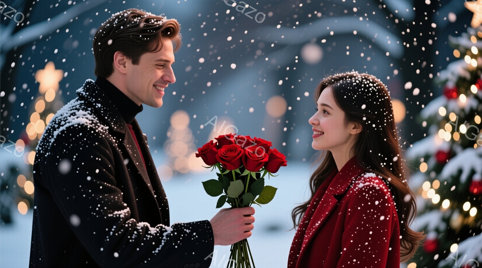 雪が舞う中で、一人の男性が赤いバラの花束を女性に差し出しています。男性は黒いコートに赤いセーター、女性は赤いコートを着ており、共に微笑んでいます。背景には、クリスマスツリーの飾りが灯り、ロマンチックで暖かな冬の雰囲気が漂っています。