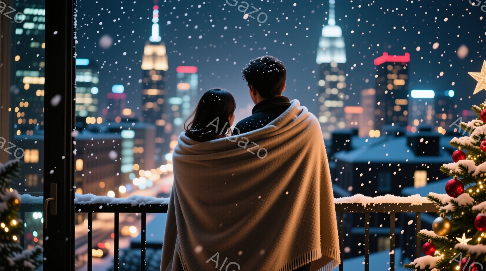雪が降る夜、バルコニーで寄り添う男女が描かれている。二人は暖かい毛布に包まれ、ニューヨークの夜景を眺めている。背景にはきらめく高層ビル群が広がり、クリスマスツリーの温かい光が雰囲気をさらに高めている。