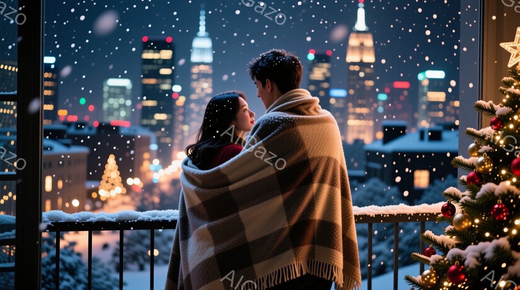 カップルはチェック柄の毛布にくるまり、ニューヨークの夜景を眺めている。女性は長いダークブラウンの髪を後ろに垂らし、男性は黒いコートを着ている。背景には雪が降り積もり、きらめく街並みとクリスマスツリーが暖かくロマンチックな雰囲気を醸し出している。