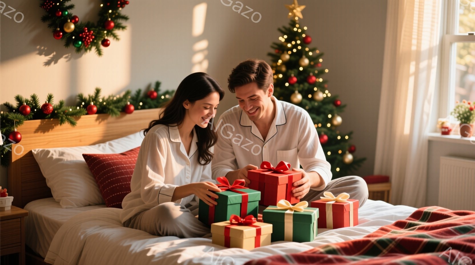 暖炉のそばでプレゼントに囲まれた若いカップルが写っています。女性は長い髪を下ろし、赤い口紅をしています。男性は笑顔で、女性はプレゼントのリボンをほどこうとしています。背景にはクリスマスツリーや装飾が飾 - AI生成フリー素材