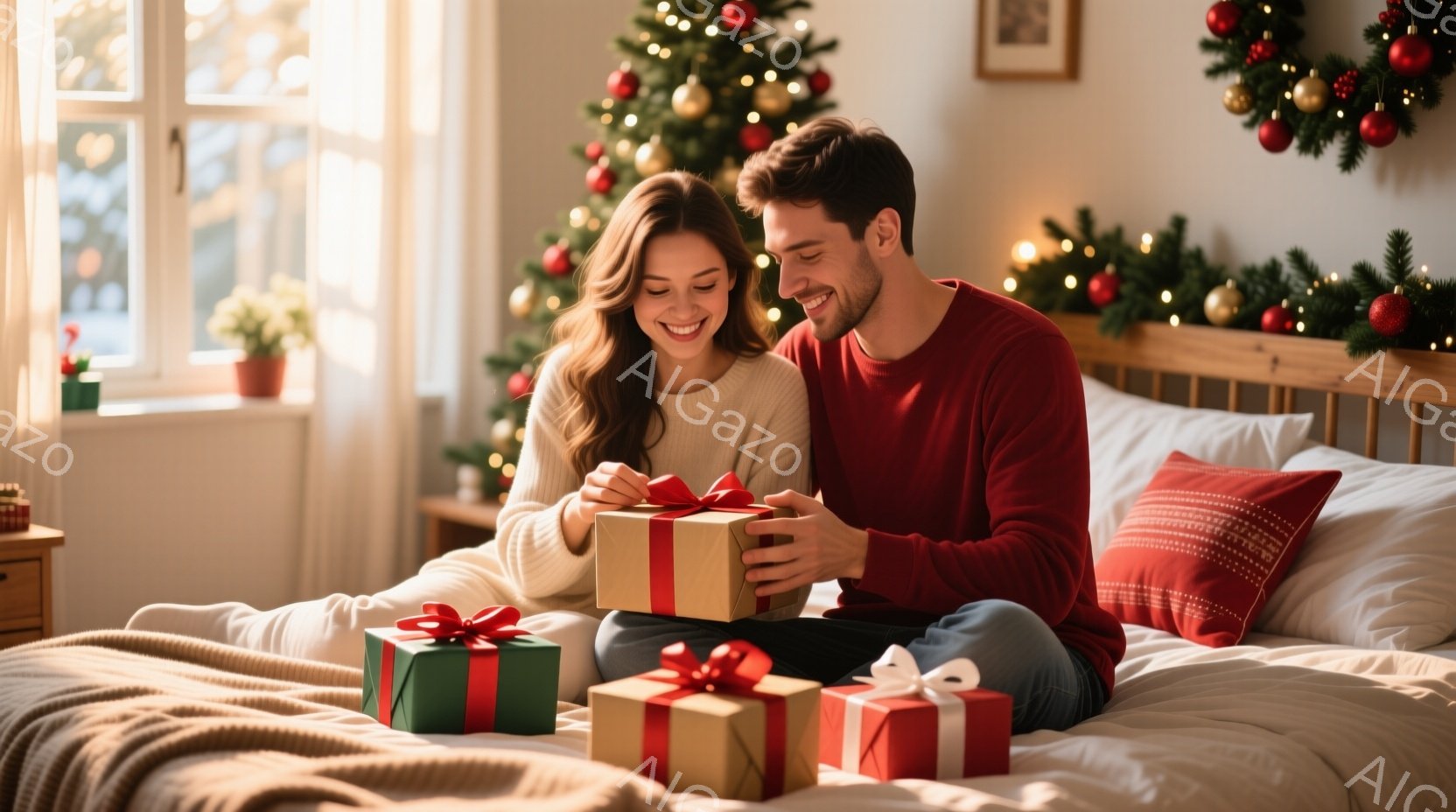 ベッドの上に座っている若いカップルが、プレゼントを開けている様子が写っています。女性は長い茶色の髪で、笑顔を見せています。男性も赤いセーターを着て笑顔で、プレゼントを手にしています。背景にはクリスマス - AI生成フリー素材