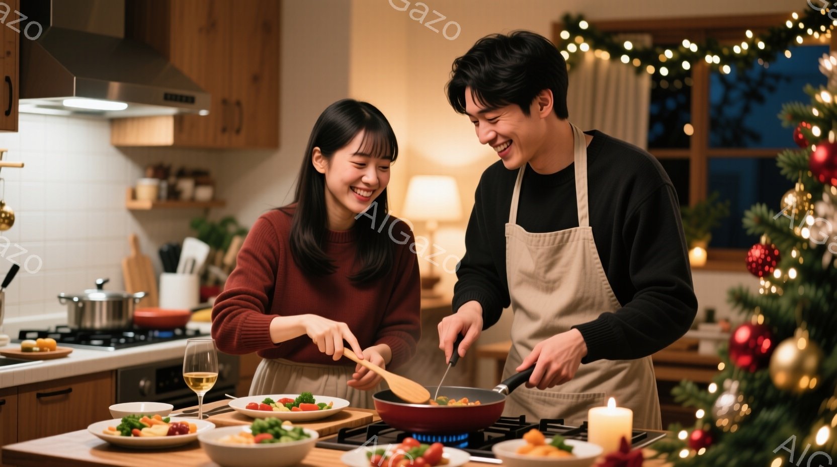 暖炉のあるキッチンで、若い男女が料理を楽しんでいる様子が描かれています。女性は赤いセーターを着ており、髪を後ろで一つにまとめています。男性は黒いセーターにエプロンを着用し、フライパンで何かを調理しており、二人は笑顔で互いに向き合っています。