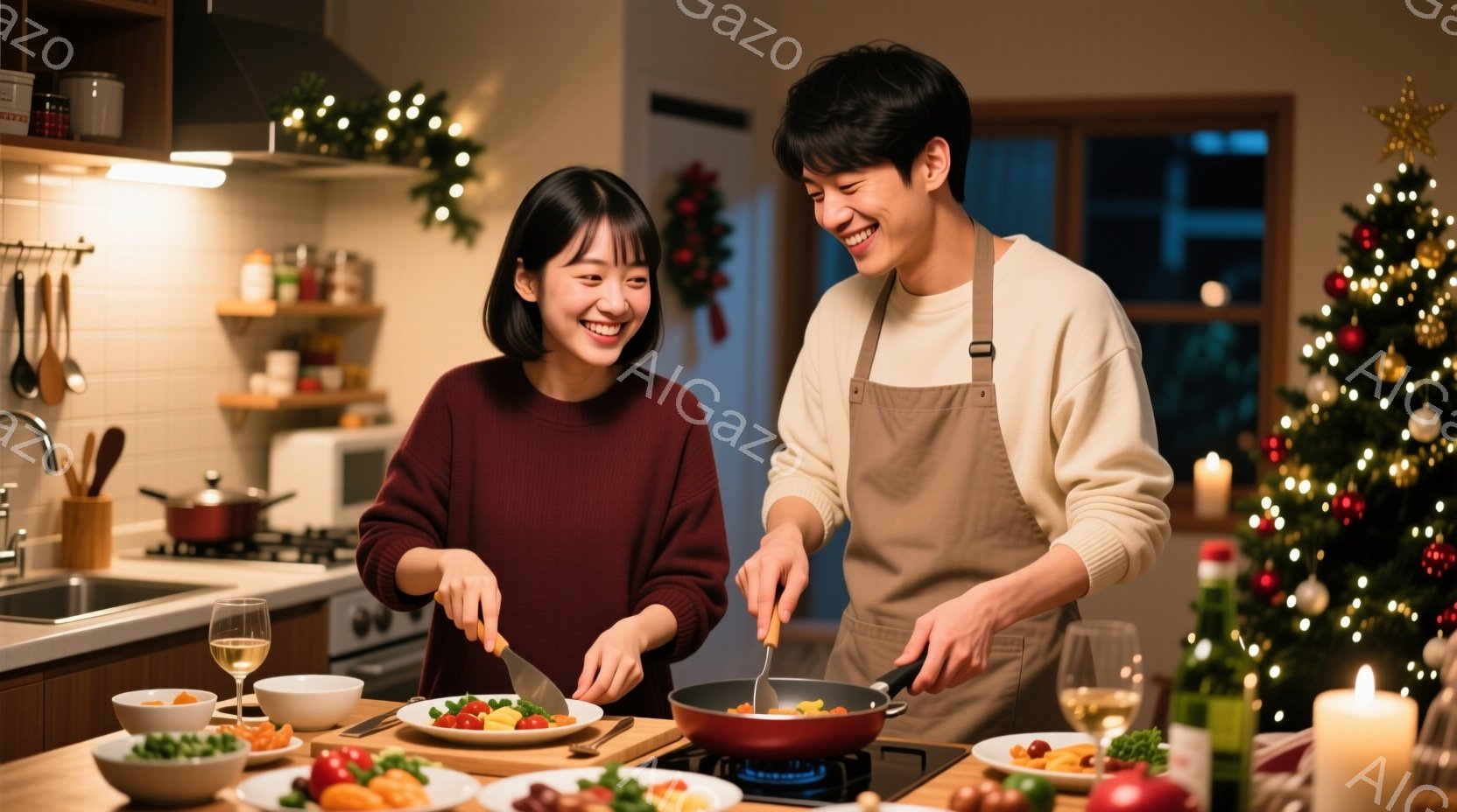 一対の若いカップルがキッチンで料理をしている様子が描かれています。女性は赤いセーターを着て髪を肩まで下ろしており、笑顔で野菜を切っています。男性はエプロンをつけ、フライパンで調理しており、同じく満面の - AI生成フリー素材