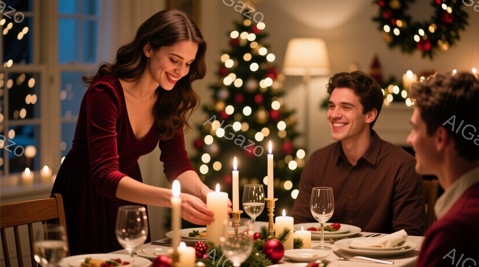 一対の男女がクリスマスのディナーテーブルでキャンドルに火を灯している場面だ。女性は赤いベルベットのドレスを着て、笑顔でキャンドルに火を灯しており、男性は茶色のシャツを着て微笑んでいる。背景にはクリスマスツリーが飾られ、温かく、心地よいクリスマスの雰囲気が漂っている。