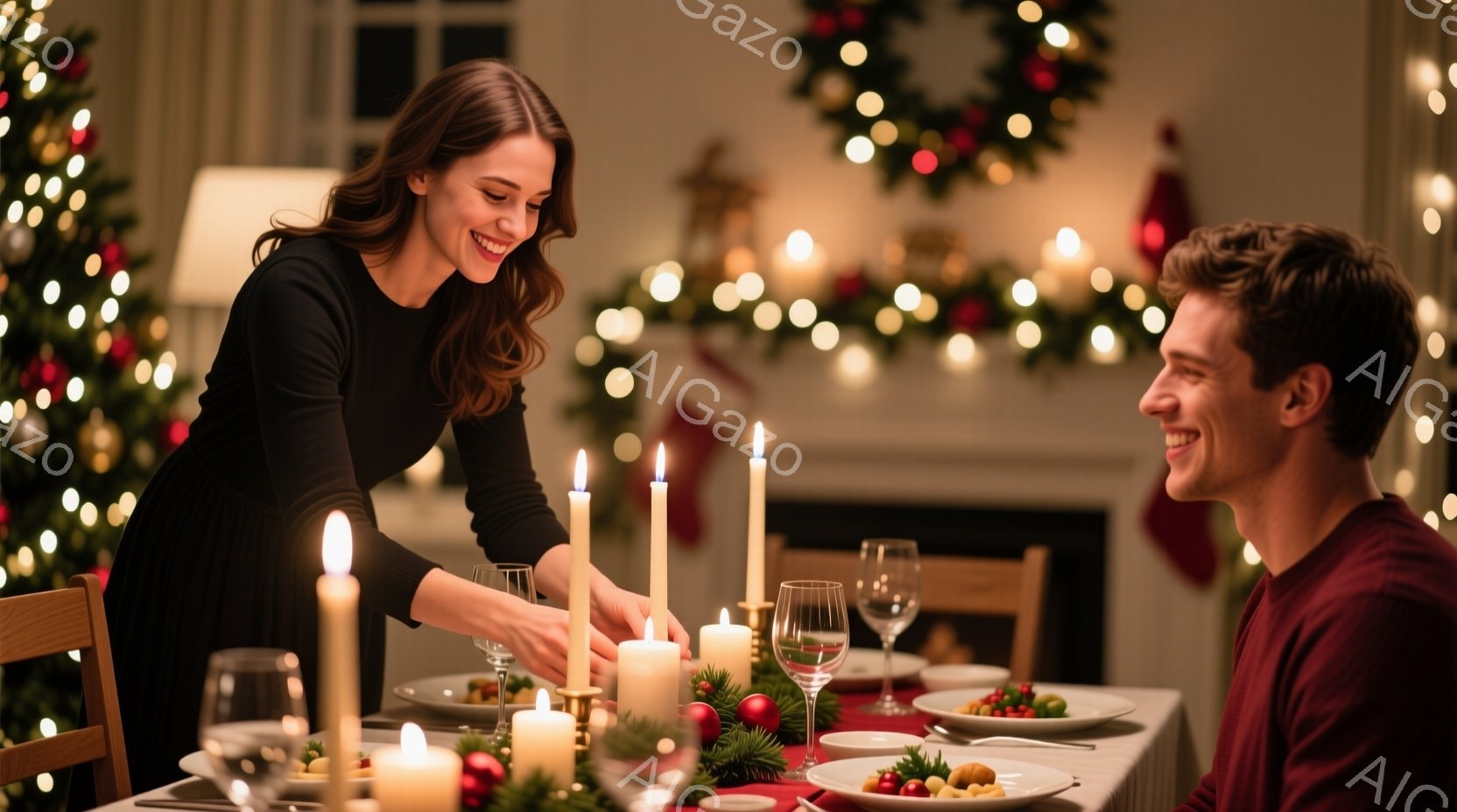 豪華なクリスマスのディナーテーブルを背景に、女性がキャンドルに火を灯している場面です。彼女は黒いドレスを着ており、髪は後ろでまとめられています。笑顔で、優雅にキャンドルに火を灯す仕草が印象的です。
