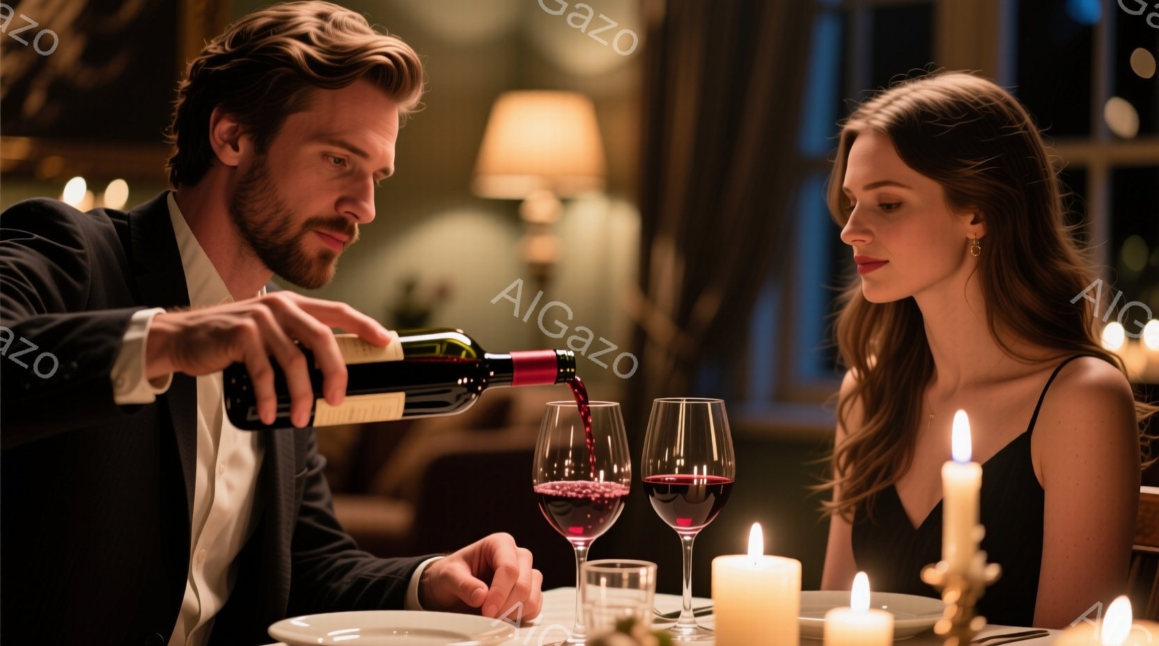 長い髪と髭を生やした男性が、ワインボトルからグラスに赤ワインを注いでいる。女性は黒いドレスを身につけ、宝石のイヤリングをつけ、ワイングラスを見つめている。背景には、ぼんやりとした光の中でろうそくが灯り、高級感のあるレストランの雰囲気を感じさせる。
