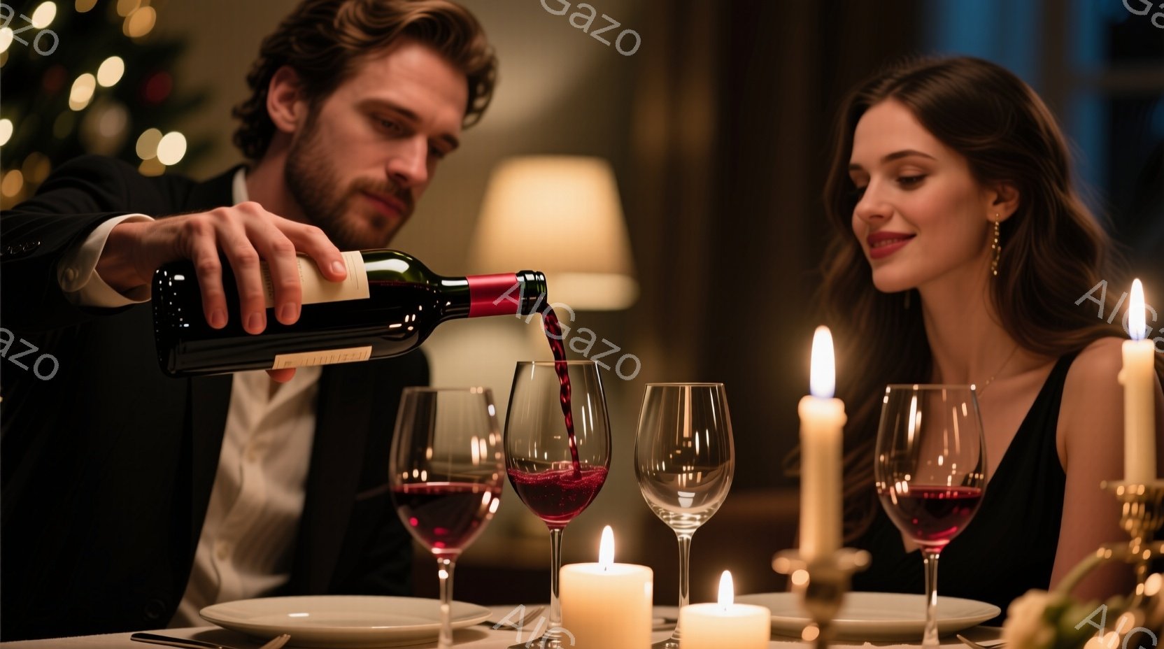 一人の男性がワインボトルからグラスに赤ワインを注いでおり、対角線上には微笑む女性がいます。男性は黒いスーツを着ており、女性は黒いドレスと垂れ耳のイヤリングをつけています。背景にはぼやけた暖色の光があり、ろうそくの光がテーブルを照らし、ロマンチックで上品な雰囲気を醸し出しています。