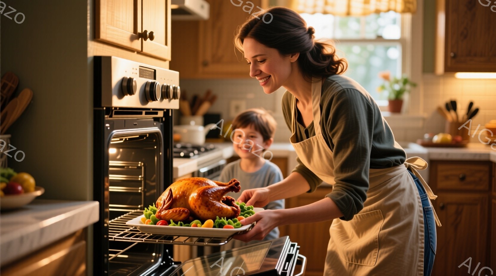 暖炉のある明るいキッチンで、エプロンをつけた女性がオーブンからローストチキンを取り出しています。彼女は微笑み、楽しそうな表情をしており、後ろには嬉しそうな男の子が立っています。キッチンは木製のキャビネットやカウンターで温かく、背景には緑豊かな庭が見えます。