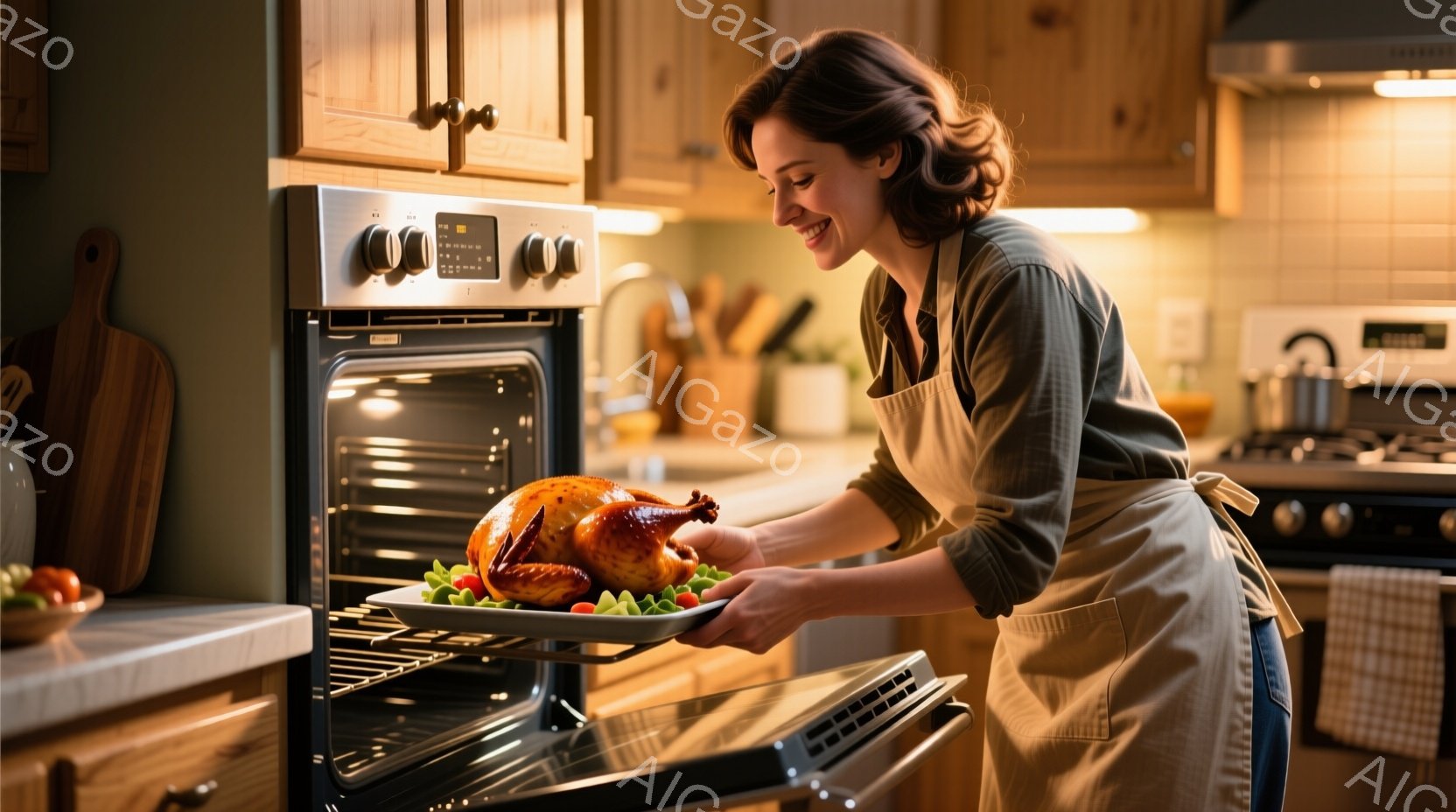 エプロン姿の女性が、焼き上がった七面鳥の入ったトレイをオーブンから取り出そうとしているところです。彼女は明るい笑顔を浮かべ、満足そうな表情で、調理に成功した様子が伺えます。背景には木製のキャビネットや調理器具が並び、温かく家庭的な雰囲気のキッチンです。