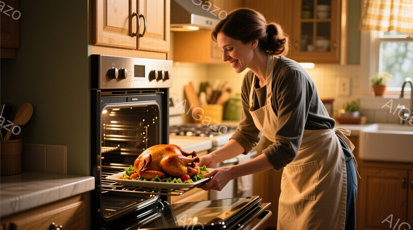女性はエプロンをつけ、キッチンでローストターキーを取り出そうとしています。彼女は笑顔で、茶色の髪を後ろで束ね、温かい雰囲気のキッチンで調理を楽しんでいるようです。背景には木製のキャビネット、自然光、そして暖かく居心地の良い空間が広がっています。