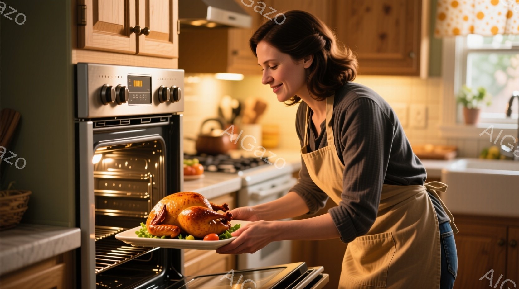 女性がオーブンから焼けた七面鳥を取り出そうとしています。彼女はカジュアルな長袖シャツとエプロンを身につけ、髪は肩までの中間長で、顔には穏やかな微笑みが浮かんでいます。背景には木製のキャビネットや調理器具があり、全体的に暖かく家庭的な雰囲気です。