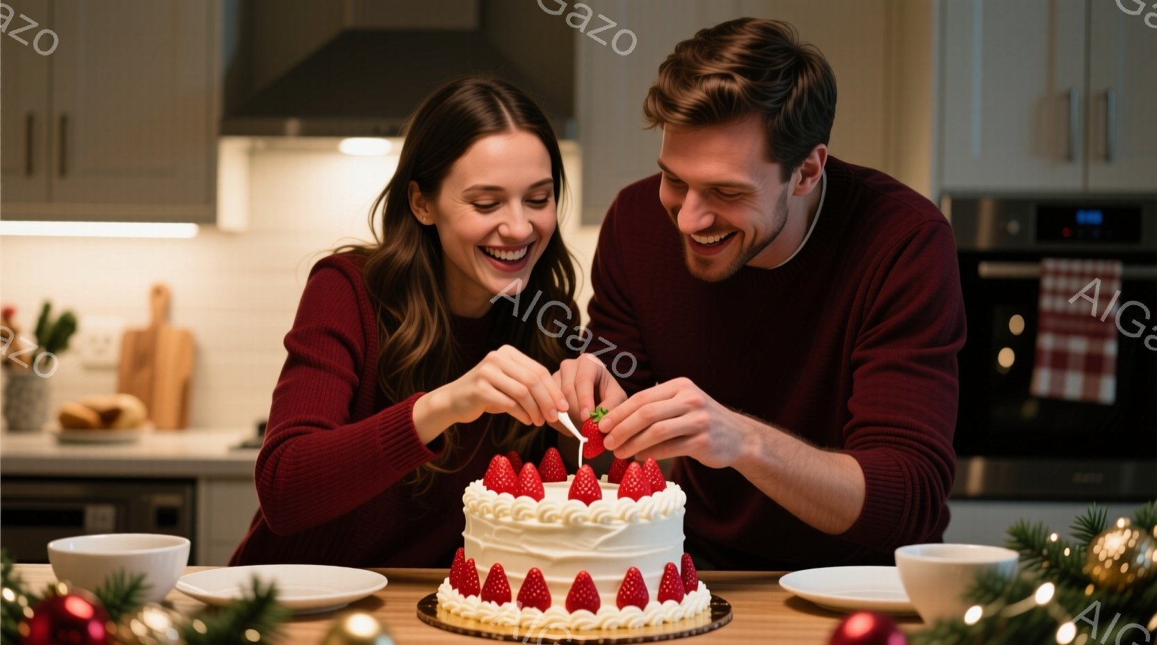 明るいキッチンで、若い男女が一緒にケーキのデコレーションをしている。女性は茶色の長い髪で笑顔を見せ、赤いセーターを着ている。男性も同じように笑顔で赤いセーターを着ており、女性と一緒にイチゴをケーキに飾っている。