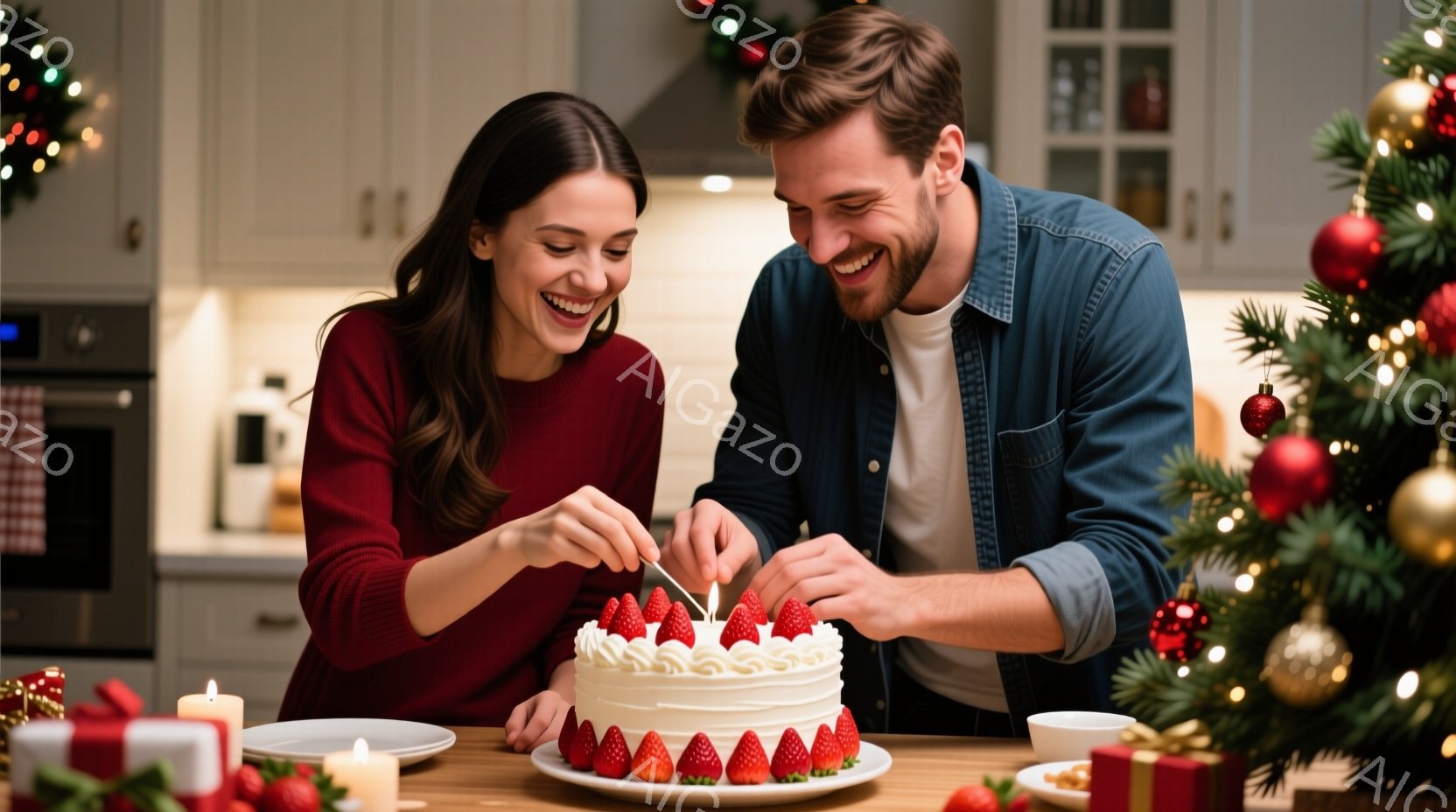 笑顔の女性が赤いセーターを着て、白いクリームとイチゴで飾られたケーキにイチゴを乗せている。隣には、青いシャツを着た男性がいて、ケーキの準備を手伝いながら微笑んでいる。背景にはクリスマスツリーとプレゼント、そして温かい光が灯るキッチンがあり、温かく幸せなクリスマスの雰囲気が漂っている。