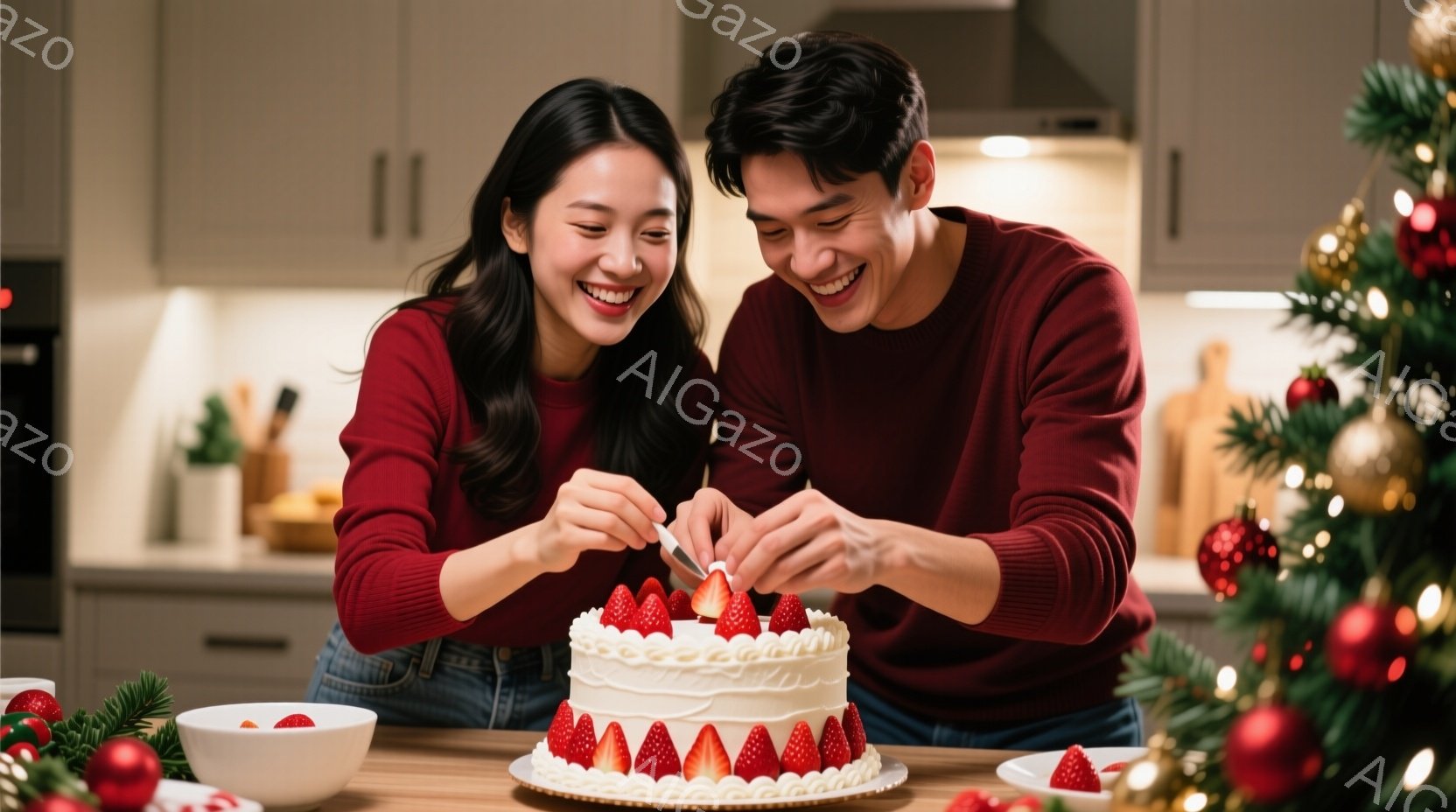 若い男女がキッチンでケーキのデコレーションを楽しんでいます。赤いセーターを着ており、顔には笑顔が広がっています。背景にはクリスマスツリーや赤い飾りがあり、温かく幸せなクリスマスの雰囲気が漂っています。