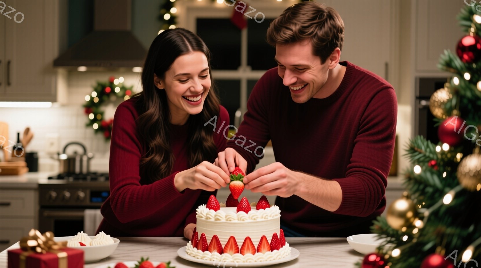 暖炉のあるキッチンで、若い男女が一緒にケーキをデコレーションしている様子が写っています。女性は長い茶髪で笑顔を見せ、赤いセーターを着ています。男性も笑顔で、赤いセーターを着て、ケーキにイチゴを乗せています。背景にはクリスマスツリーとプレゼントがあり、温かく幸せな雰囲気が漂っています。