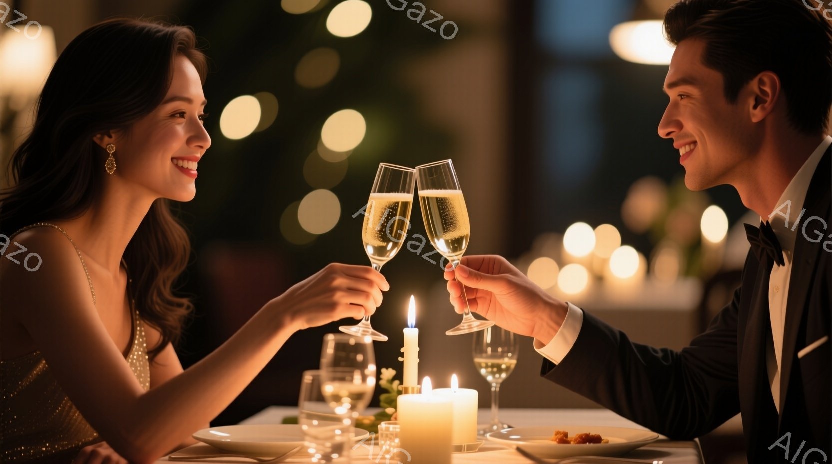 エレガントなドレスを着た女性とタキシードを着た男性が、シャンパングラスを高く掲げて互いに微笑み合っています。テーブルの上には、複数のグラス、キャンドル、少しの食べ物が置かれ、背景はぼやけた光のぼかしで - AI生成フリー素材