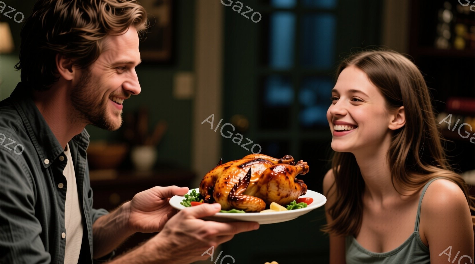 陽気な男性が、照り輝くローストチキンを白い皿に載せて、笑顔の女性に差し出しています。男性はカーリーヘアでデニムシャツを着ており、女性はストレートのロングヘアでキャミソールを着ています。背景は少し暗く、キッチンの一部が見え、全体的に温かく幸せな雰囲気が漂っています。