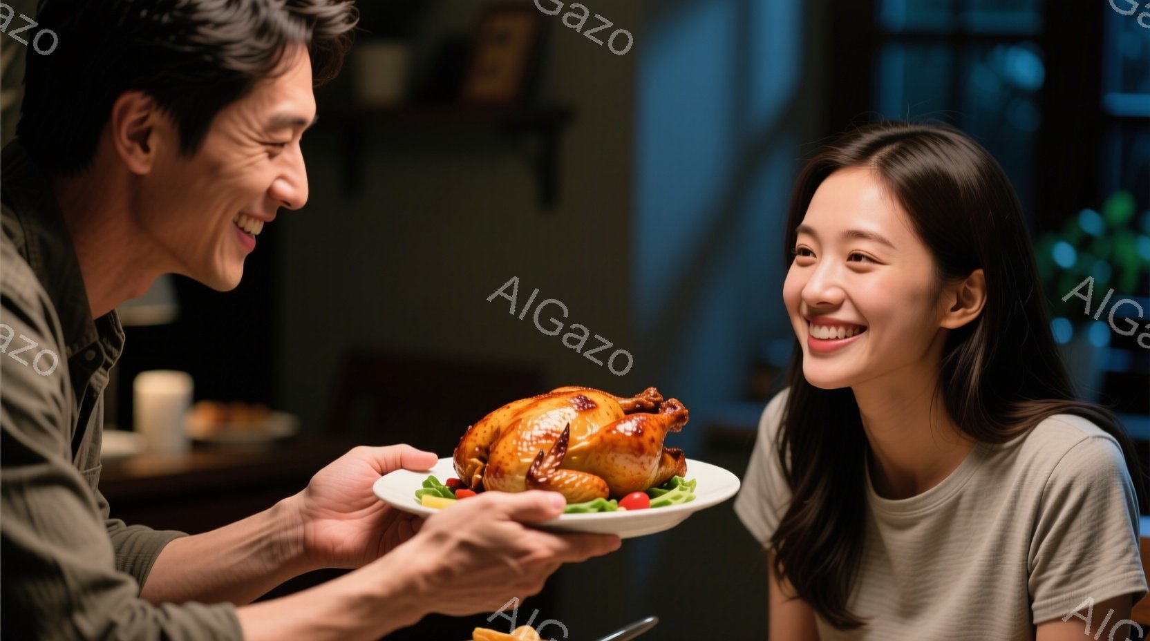 男は薄茶色のシャツを着ており、髪は短く整えられています。彼は笑顔で、ローストチキンを盛った皿を女性の方へ差し出しています。女性は白いTシャツを着て髪を後ろに束ね、満面の笑みでチキンを見つめており、背景には食卓と他の料理がぼんやりと見えます。