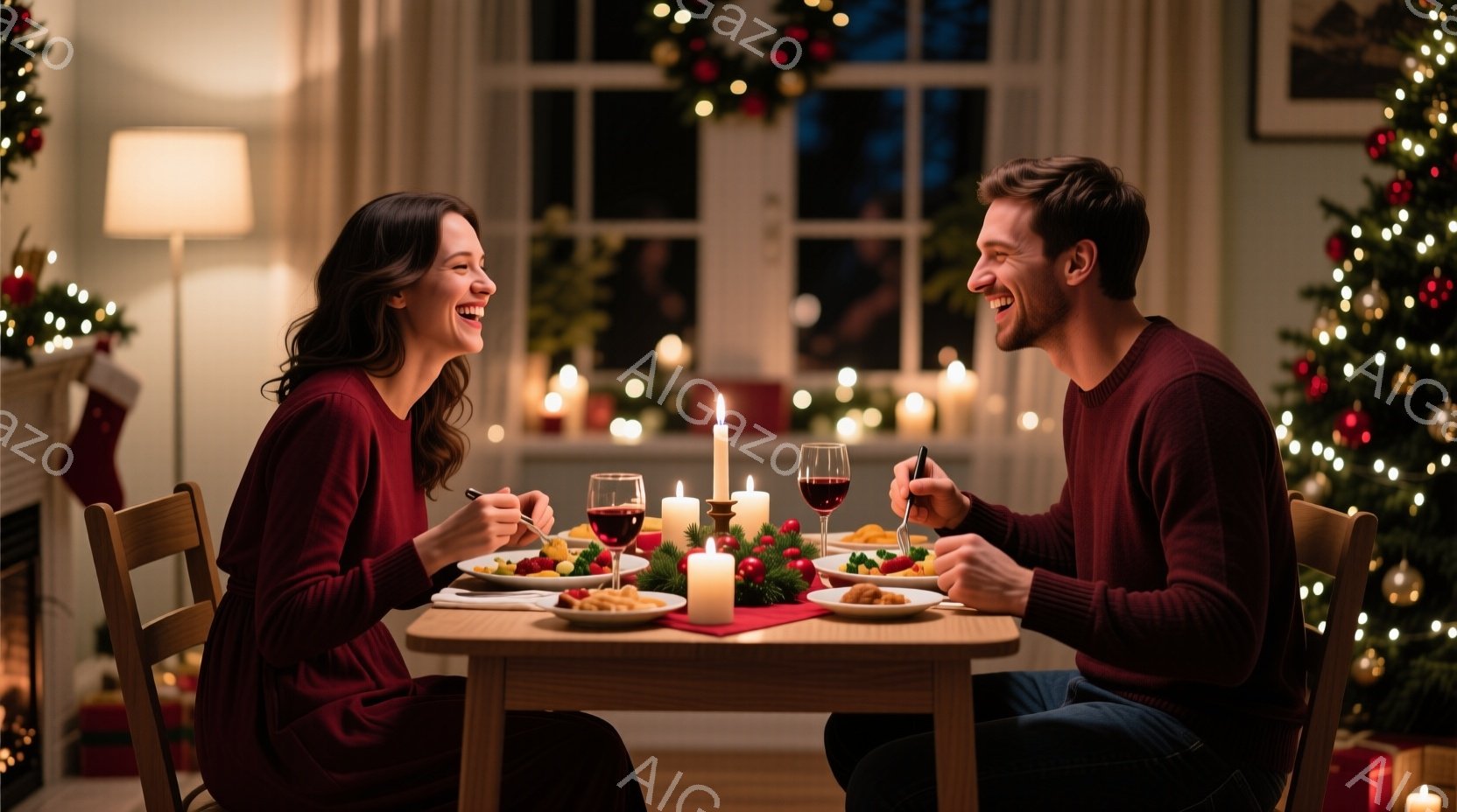 暖炉のそばのテーブルで夕食をとる若い男女が写っています。女性は赤いワンピースを着て、髪を肩まで伸ばしています。男性は赤いセーターを着ており、二人とも笑顔で食事を楽しんでいます。背景にはクリスマスツリーが飾られ、温かくロマンチックな雰囲気です。