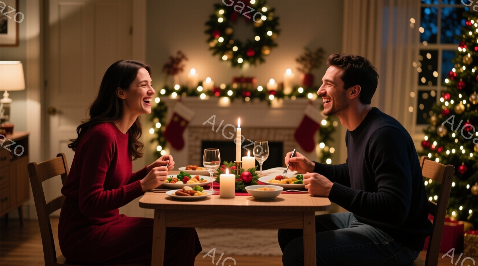 暖炉のそばのダイニングテーブルで、若い男女が楽しそうに食事をしている。女性は赤いワンピースを着ており、髪は肩まで伸ばしている。男性は紺色のセーターを着ており、二人とも笑顔で互いに見つめ合い、温かくロマ - AI生成フリー素材