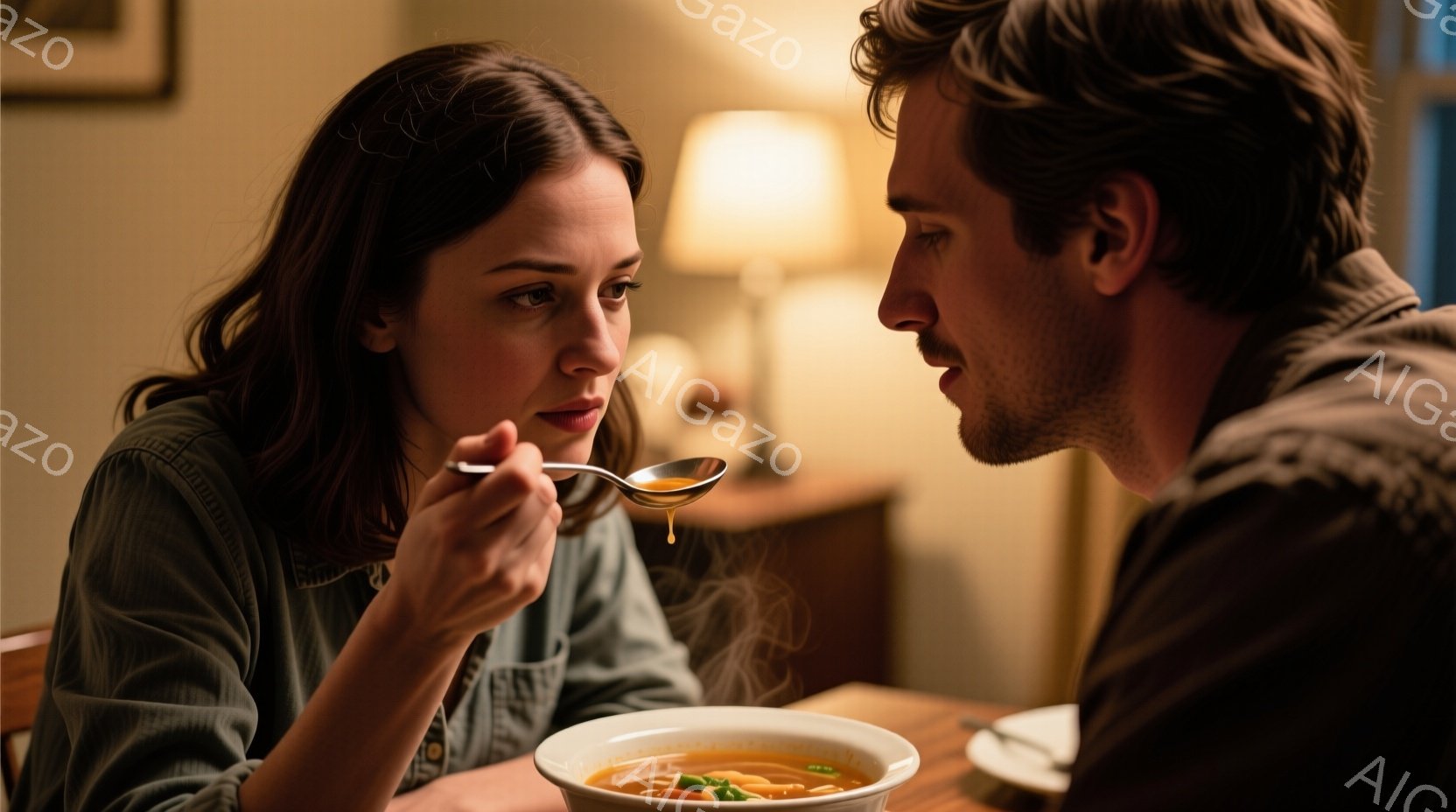 浅い緑色のシャツを着た女性がスープをスプーンで掬い、何か考え込んでいるような表情をしています。対面には、髭を生やした男性がいて、彼女の方を見ています。背景には、テーブルと間接照明、そしてぼんやりと見え - AI生成フリー素材