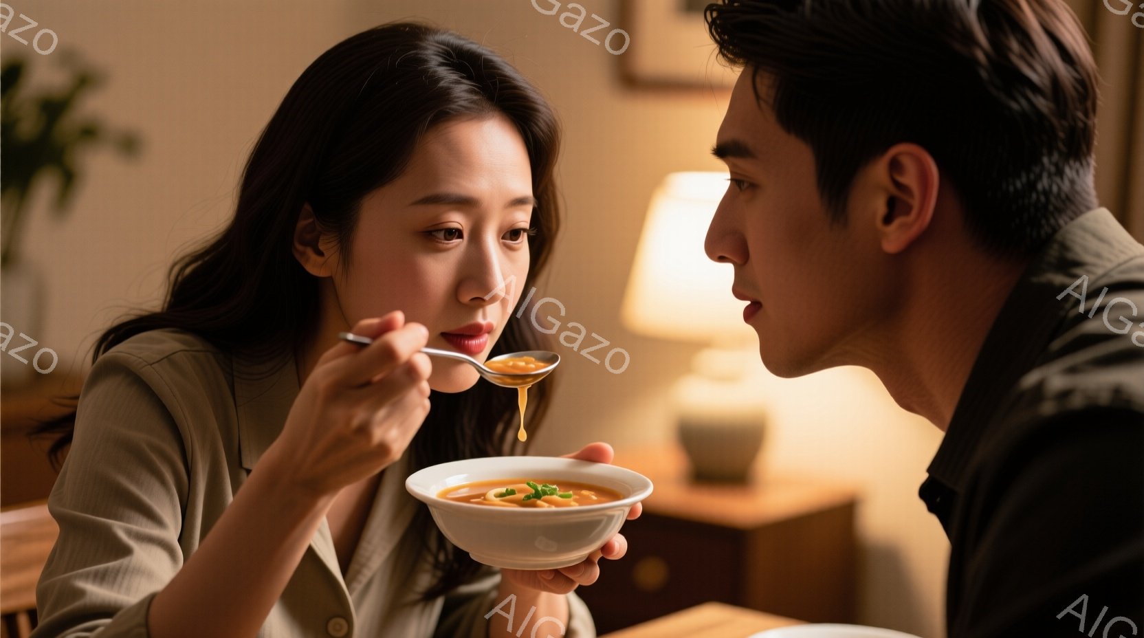 褐色の髪をセンターパートにした女性が、赤いスープが入った白いボウルからスプーンでスープをすくって食べようとしています。彼女はベージュ色のシャツを着ており、顔色は少し赤みを帯びています。背景には木製の家具と柔らかな光があり、暖かい家庭的な雰囲気が漂っています。