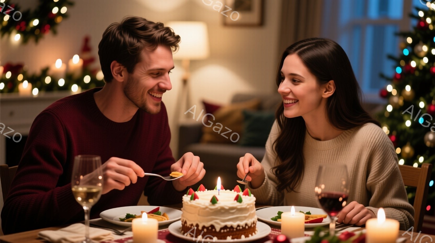一対のカップルが、キャンドルが灯された小さなケーキの前に座り、微笑み合っています。男性は赤いセーターを着ており、女性はクリーム色のニットを着ています。背景には、クリスマスツリーやキャンドルが飾られた温かみのあるリビングルームがあり、ロマンチックで心地よい雰囲気を醸し出しています。