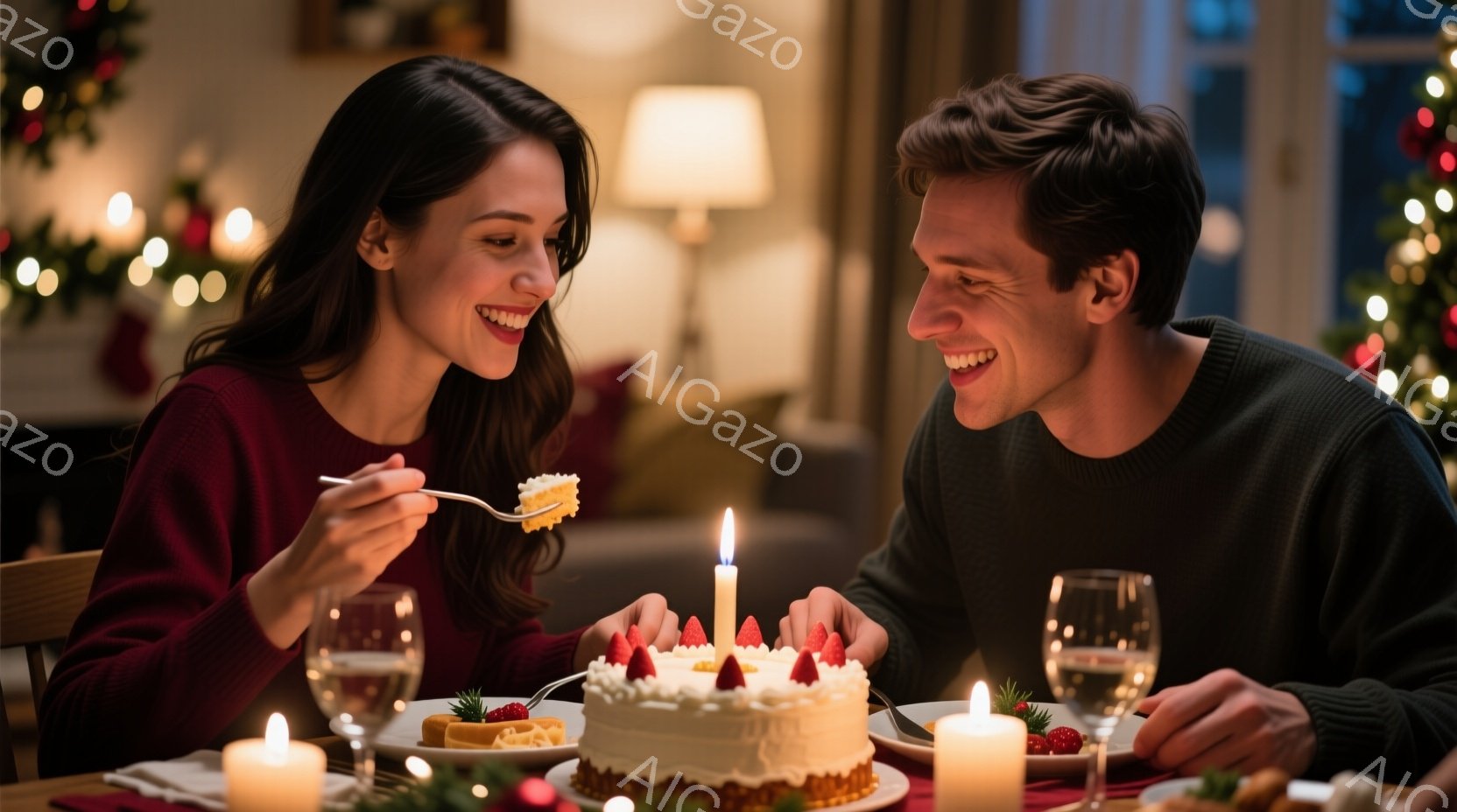 暖炉の光が当たるダイニングルームで、若い男女が誕生日ケーキを前にしている。女性は赤いセーターを着て、髪を後ろにまとめ、笑顔でフォークにケーキを乗せている。男性はグレーのセーターを着て、女性を見つめながら微笑んでおり、ケーキの周りには点在するキャンドルが温かい雰囲気を醸し出している。