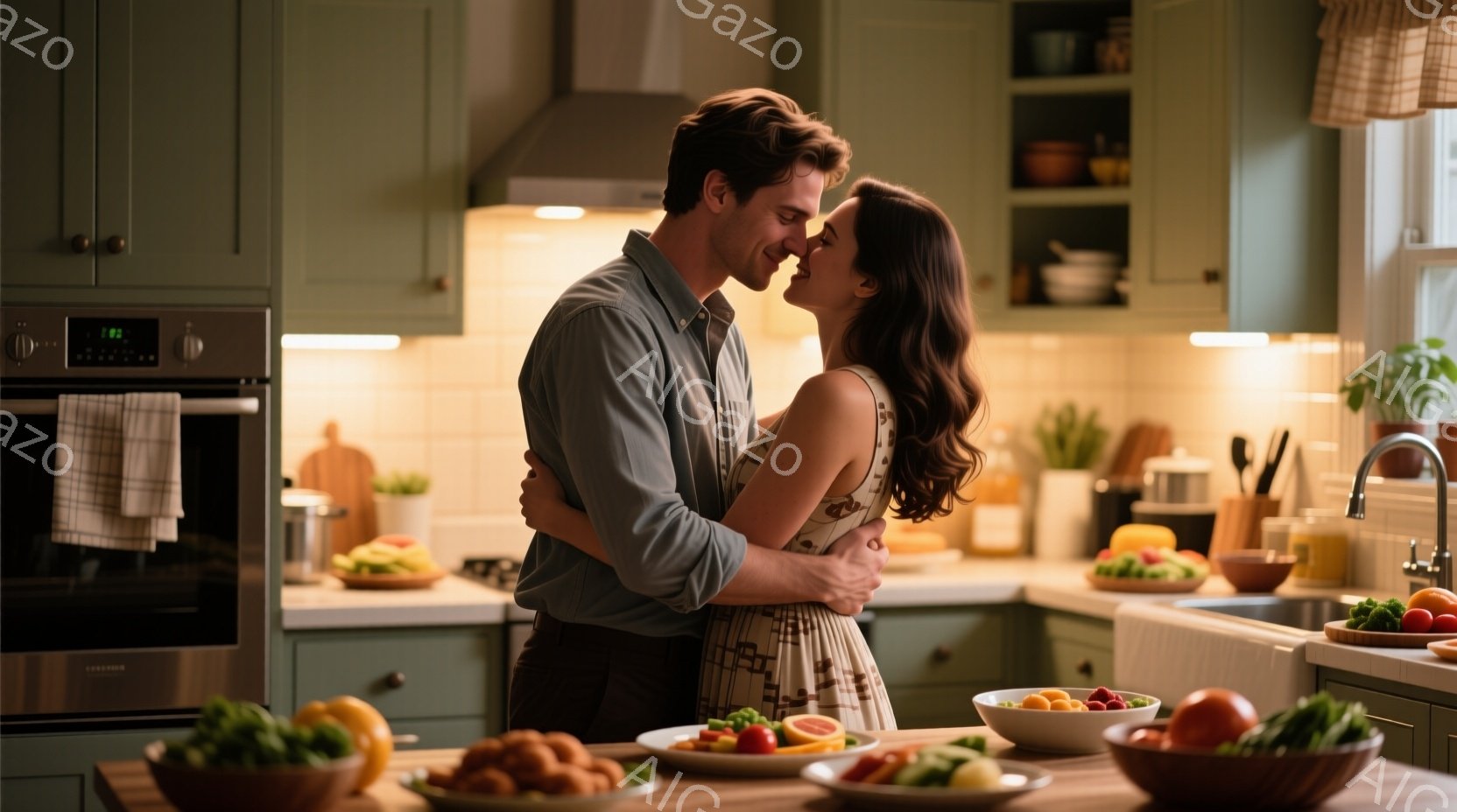 キッチンの中で、若い男女が抱き合ってキスしようとしている姿が描かれている。男性は薄茶色のシャツを着ており、女性は花柄のワンピースを着ている。背景には緑色のキャビネットや調理器具、そして食卓には果物やサラダが並べられ、温かく親密な雰囲気が漂っている。