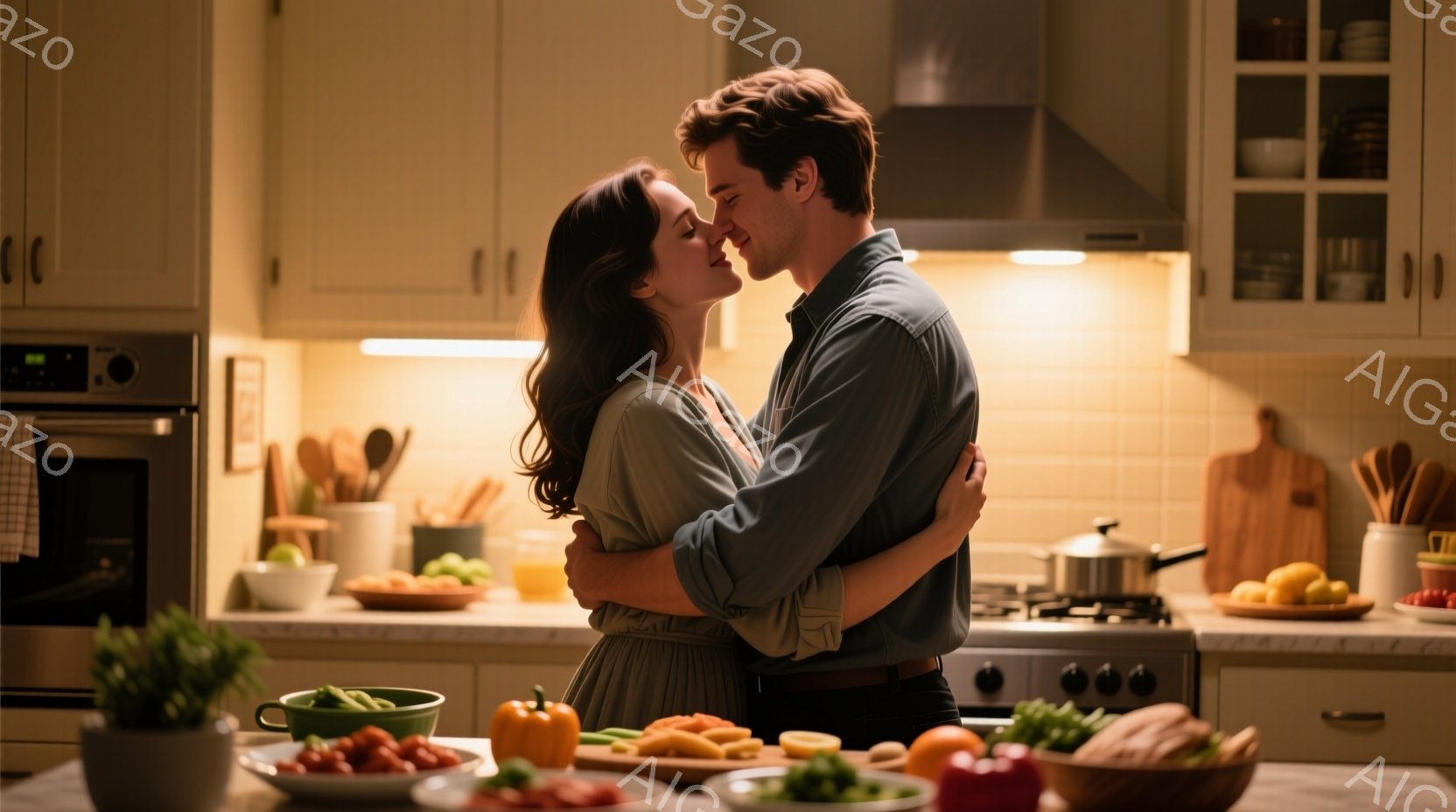 キッチンで若い男女が抱き合っています。女性は肩まで伸ばした茶色の髪で、グレーのドレスを着ています。男性はダークカラーのシャツとパンツで、女性を見つめ、やさしく抱きしめています。 - AI生成フリー素材