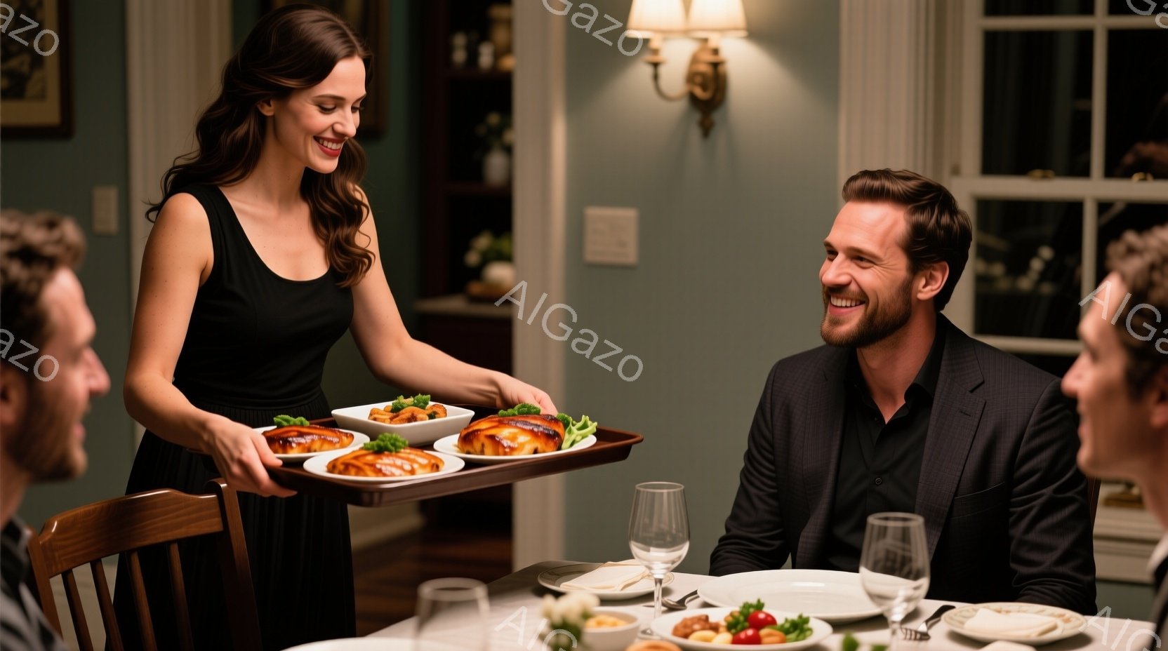 黒いドレスを着た女性が、焼き魚の盛り合わせを乗せたトレイを持って、食卓の周りに座る男性たちに料理を配膳している。男性たちはスーツ姿で笑顔を見せ、会話を楽しんでいる様子だ。背景には、暖色の照明と本棚が見 - AI生成フリー素材