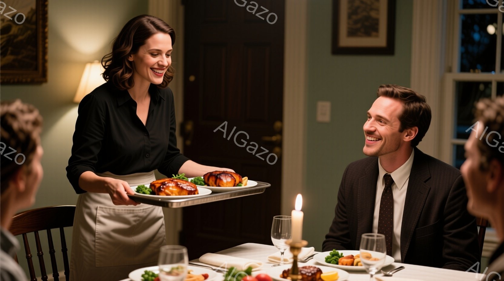 豪華なダイニングルームで、エプロン姿の女性がローストチキンを運び、テーブルを囲む男性が笑顔でそれを見つめている。男性はダークスーツにネクタイというフォーマルな服装で、女性は黒いブラウスにエプロンというカジュアルな服装で、部屋全体は暖かく落ち着いた雰囲気である。背景には絵画が飾られ、窓からは夜の景色がうかがえ、食事が始まる前の穏やかな時間を示している。