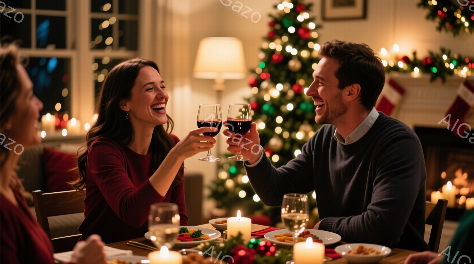 明るい室内で、ワイングラスを掲げ笑顔で向き合う男女が写っている。女性は赤いセーターを着ており、長い髪は肩にかかっている。背景にはクリスマスツリーが飾られ、暖炉の火が灯っており、温かく幸せな雰囲気が漂っている。
