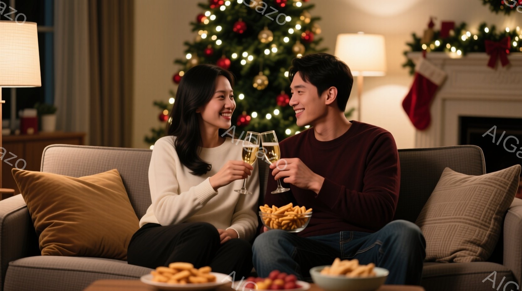 暖炉のそばのソファに若いカップルが座り、シャンパングラスを交わして微笑んでいます。女性は白いセーターと黒いズボンを着用し、長い黒髪をしています。男性は赤いシャツを着ており、リラックスしたポーズでソファ - AI生成フリー素材